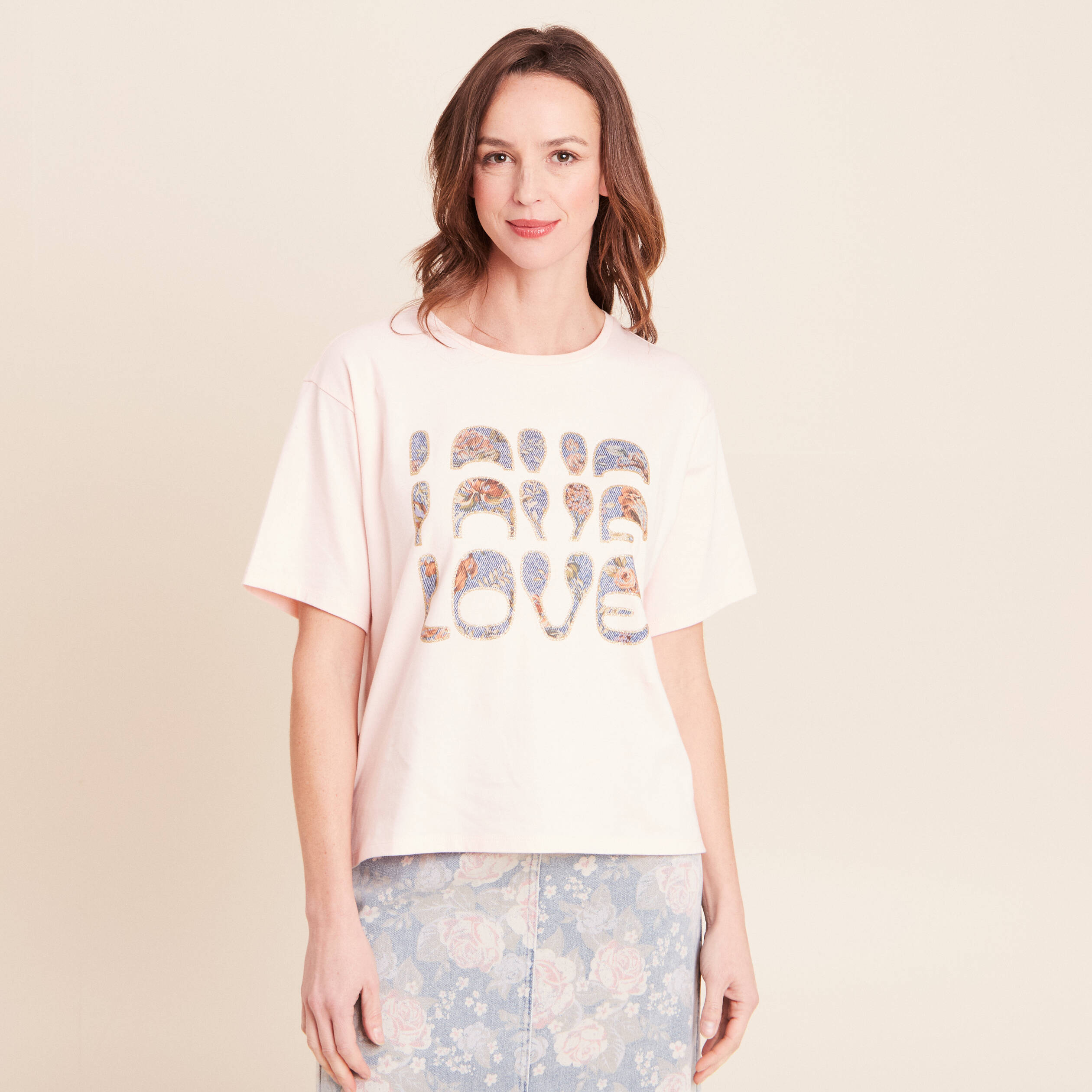 T-shirt col rond manches courtes rose clair femme