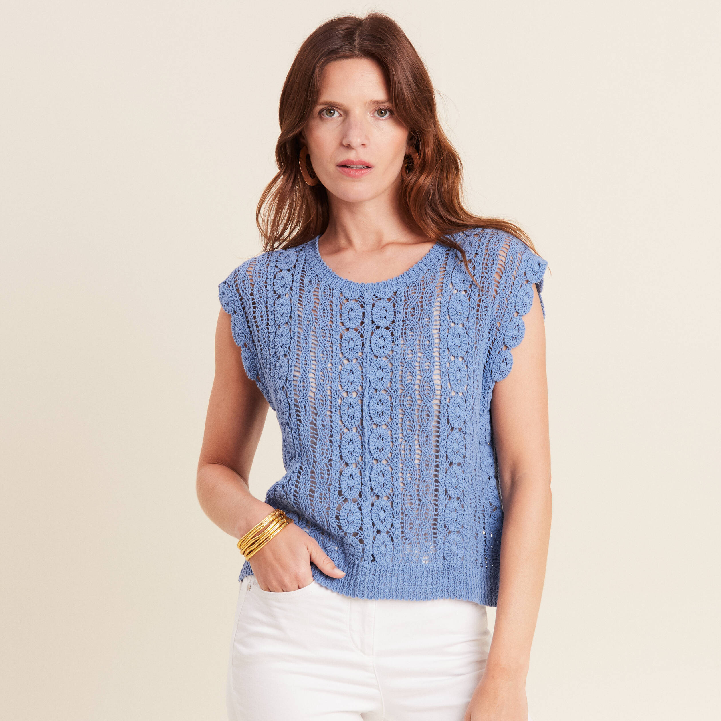 Débardeur macramé bleu ciel femme