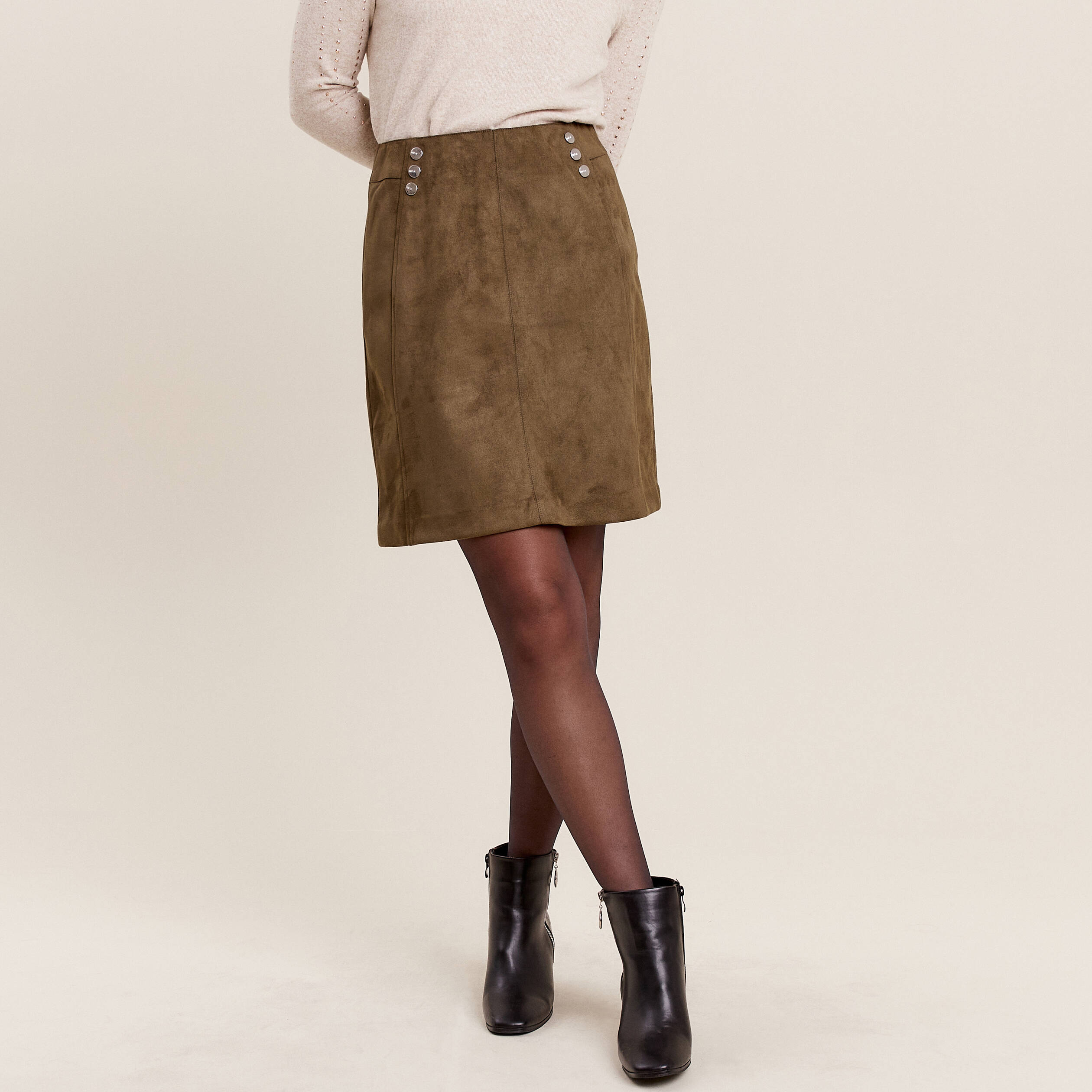Jupe droite suédine vert olive femme