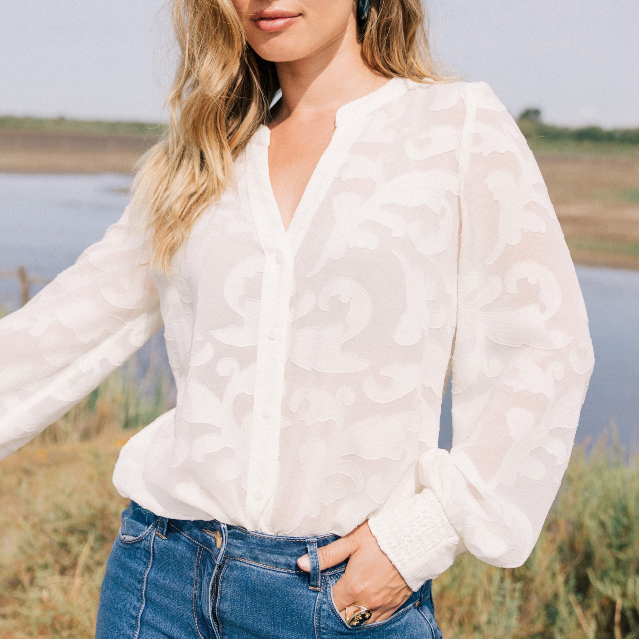 Chemise ample manches longues ecru femme