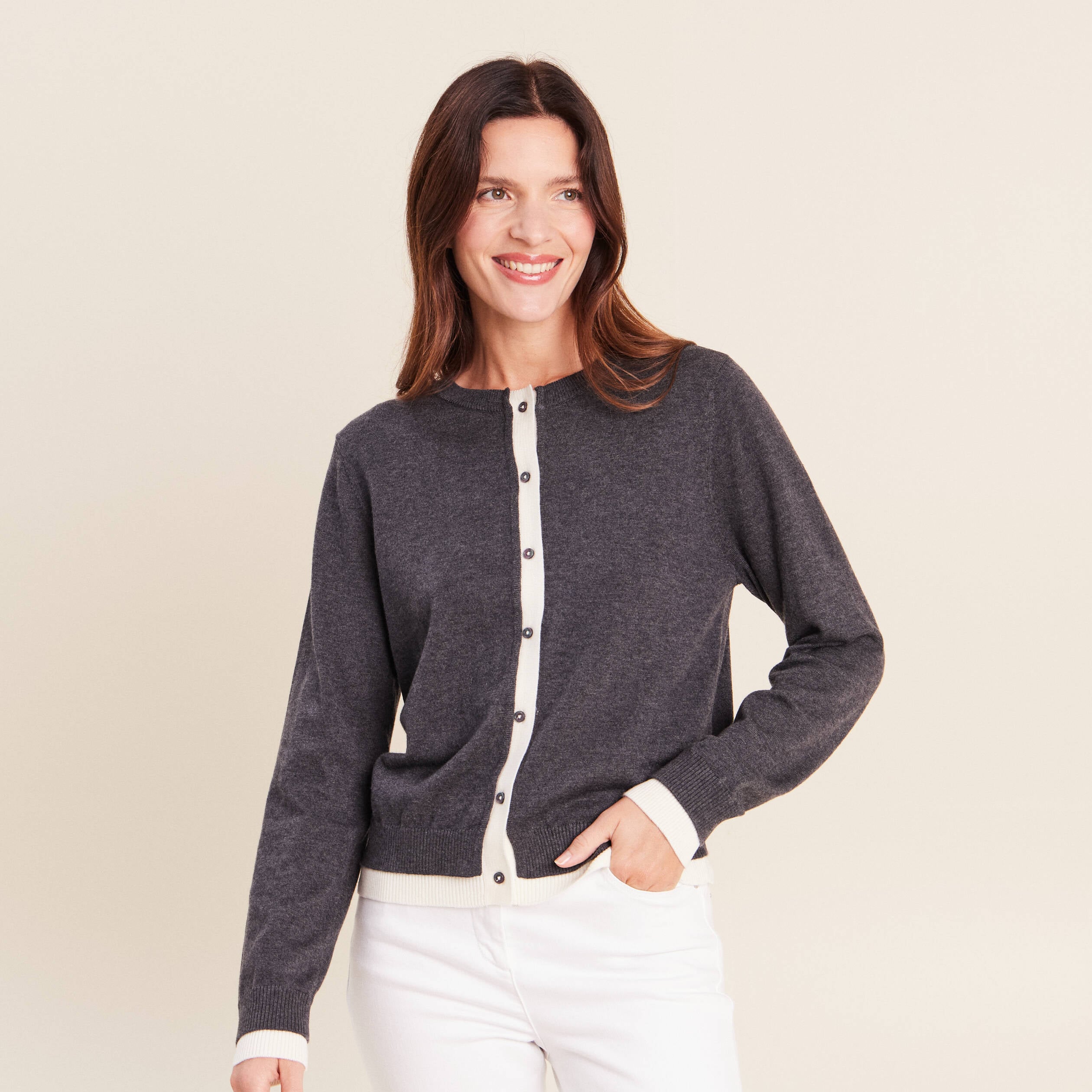 Gilet 2 en 1 col rond gris clair femme