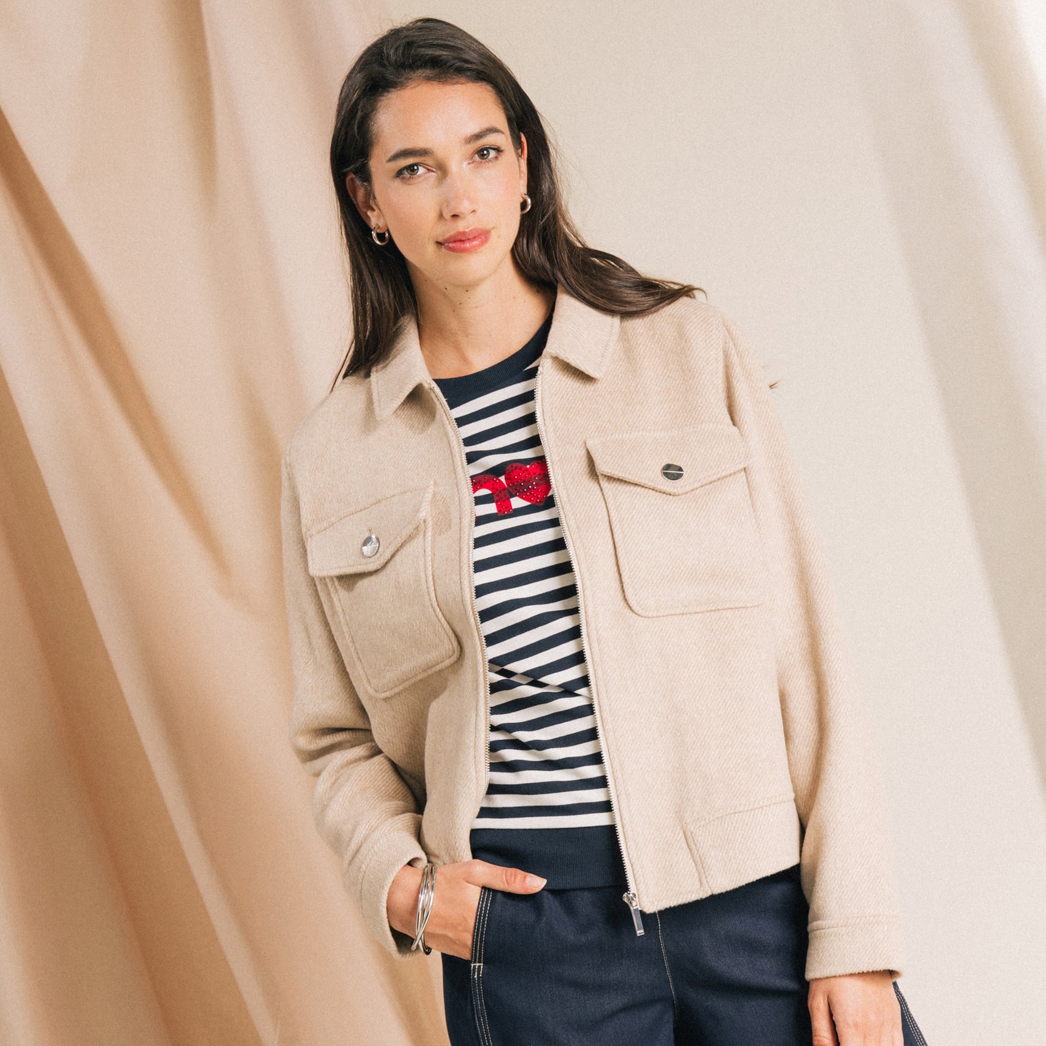 Veste manches longues doubl&eacute;e creme femme