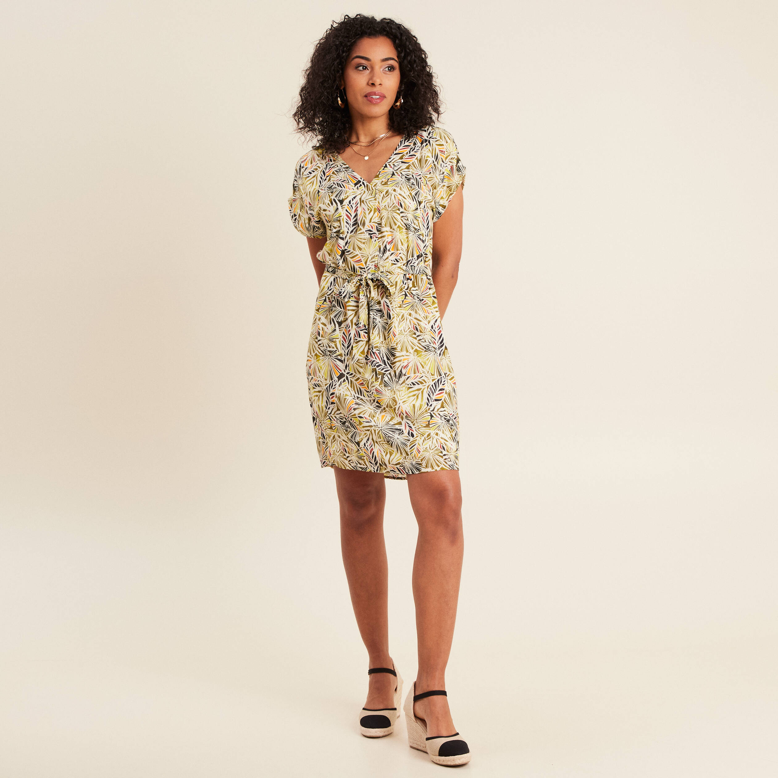 Robe droite fluide col en V vert femme