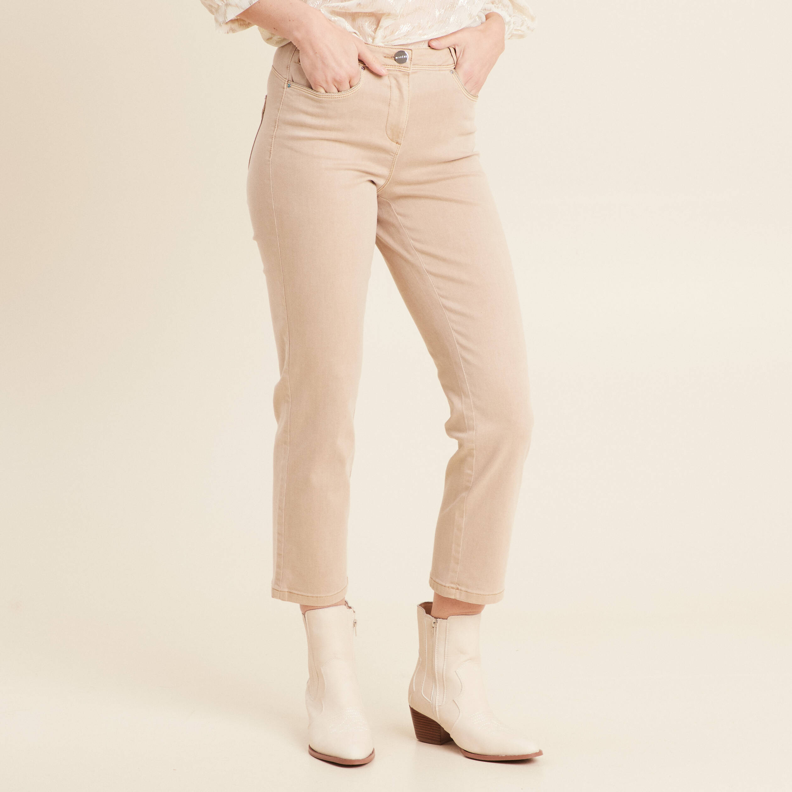 Jean coupe droite 7/8&egrave;me denim beige femme