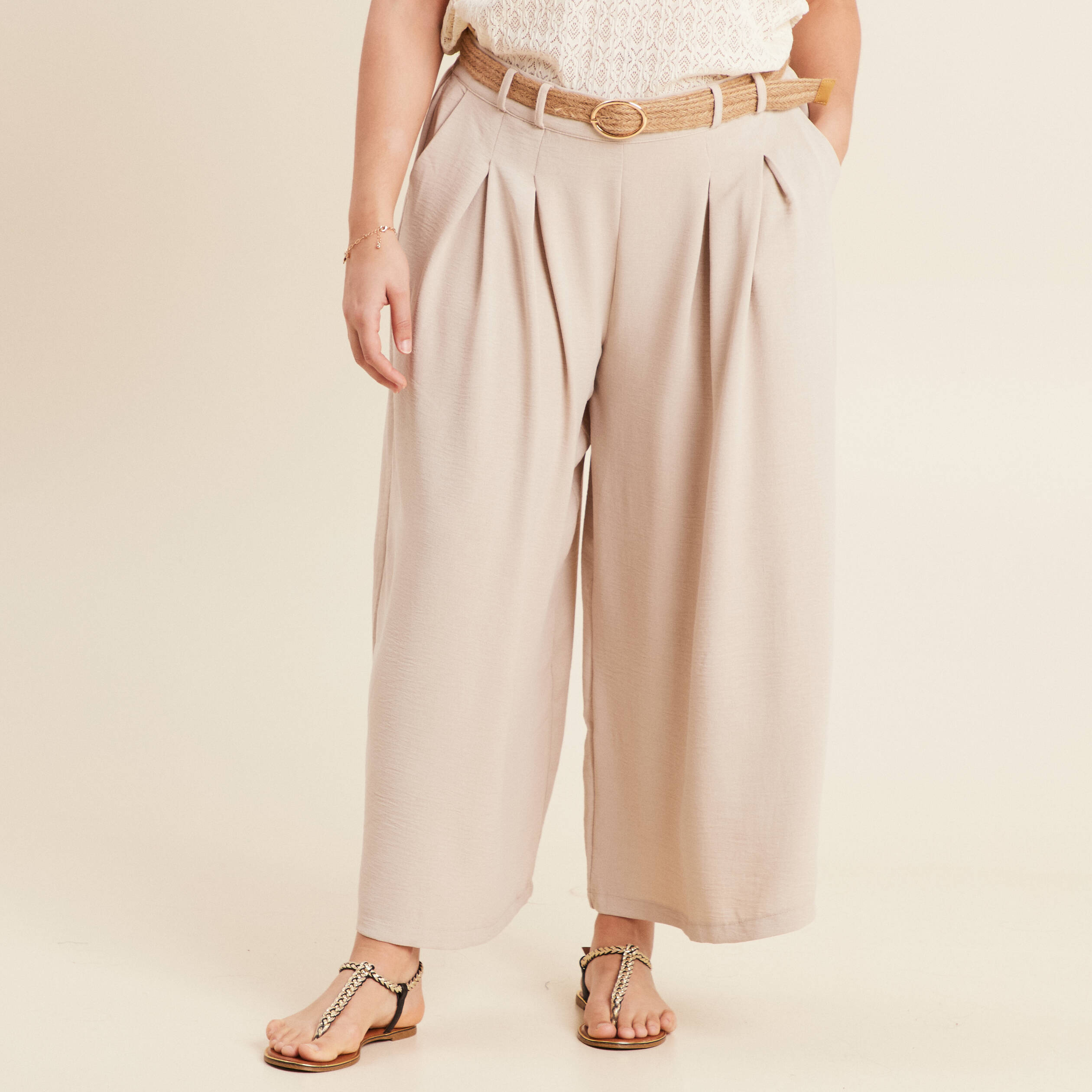 Pantalon jupe-culotte large gris clair femme