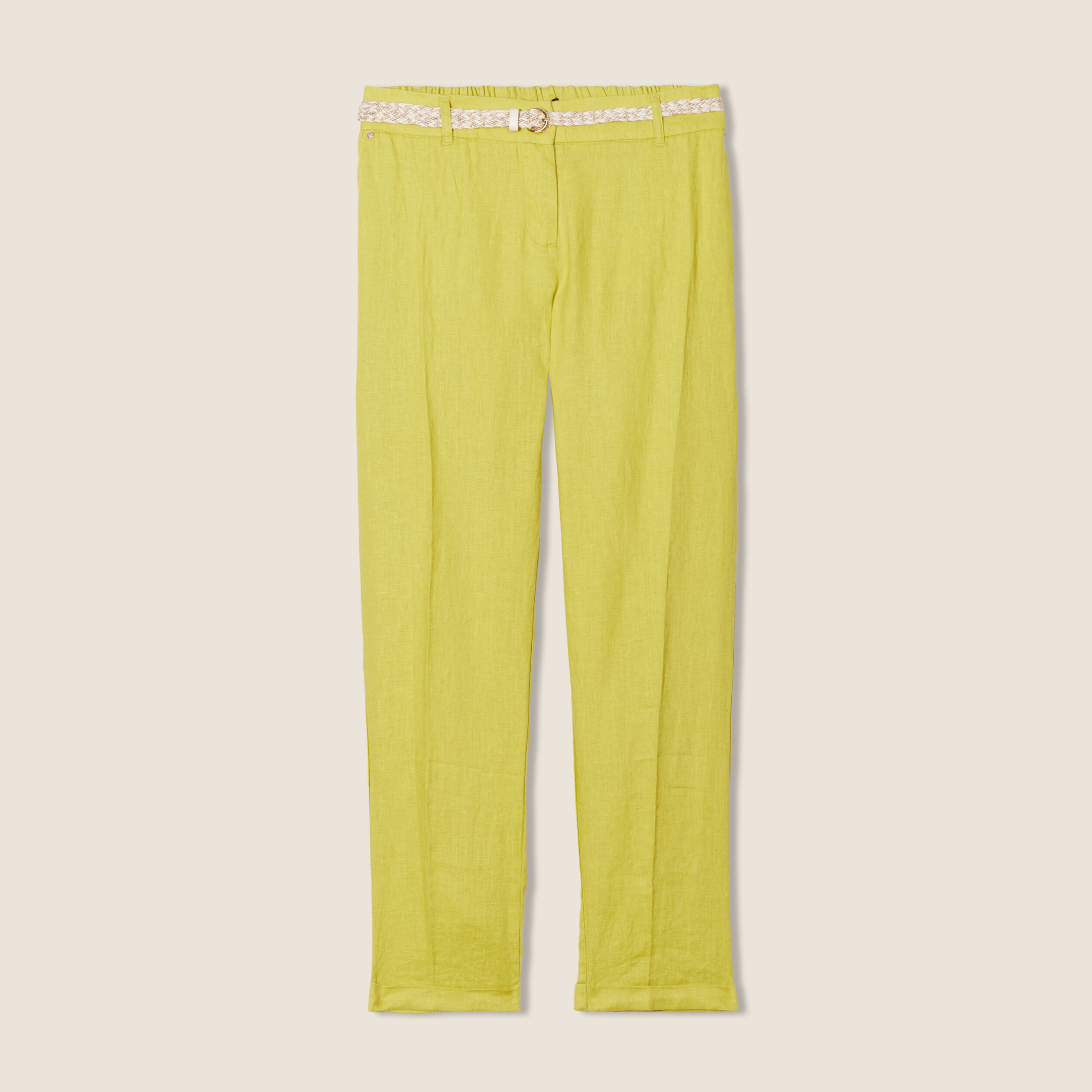 Pantalon coupe chino en lin ceintur&eacute; vert anis femme