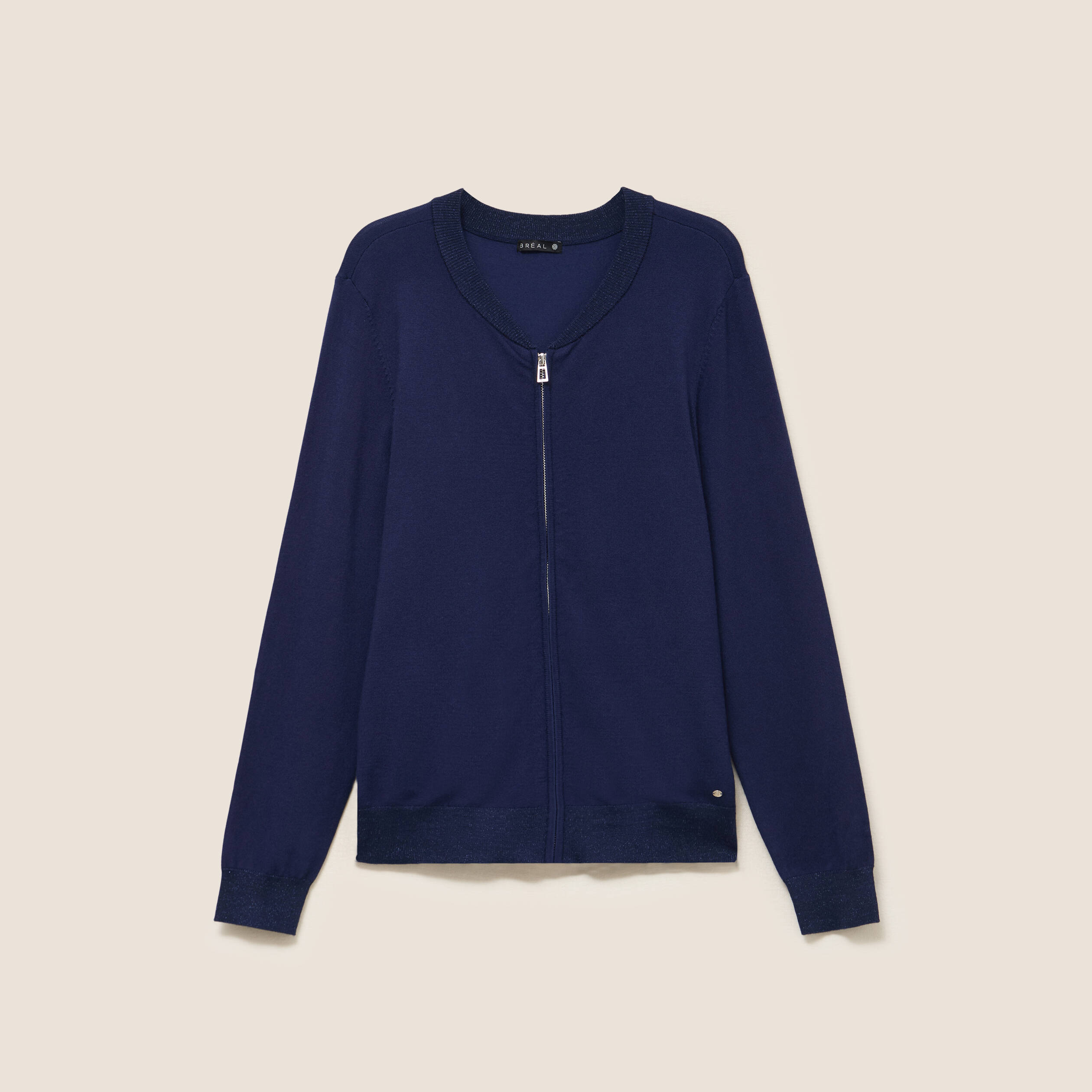 Gilet droit mi-long manches longues bleu marine femme