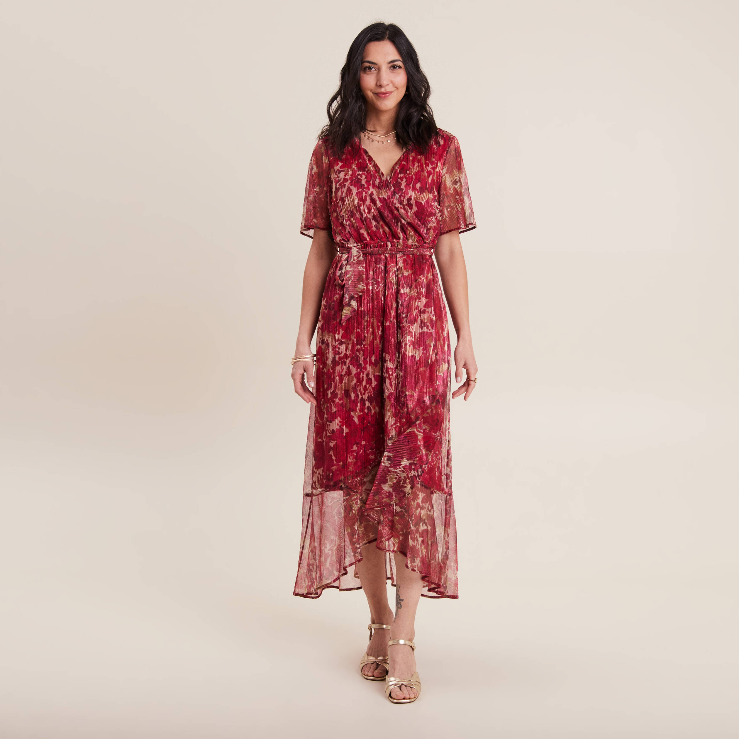 Robe longue portefeuille rose cerise femme
