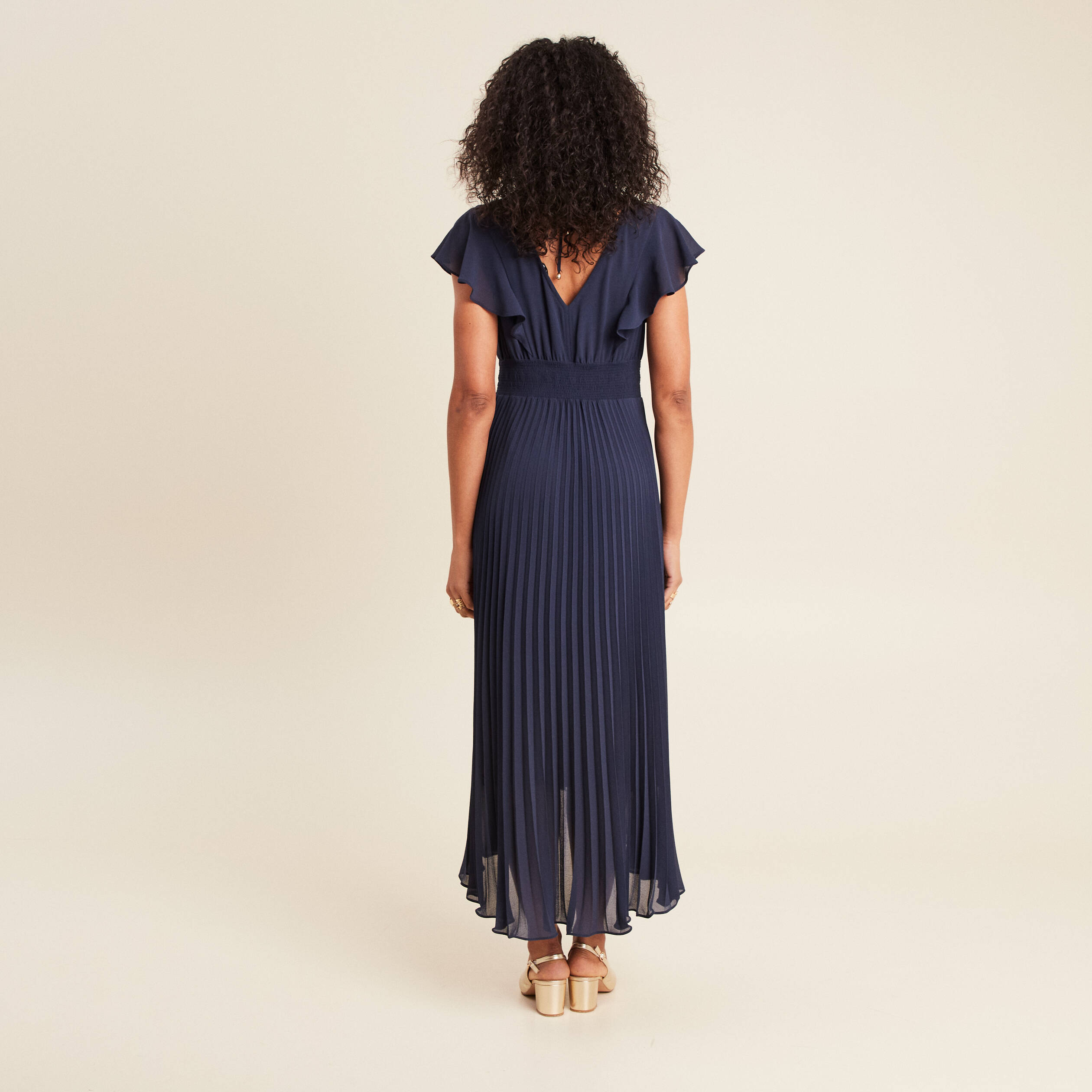 Robe longue &eacute;vas&eacute;e &agrave; volants bleu marine femme