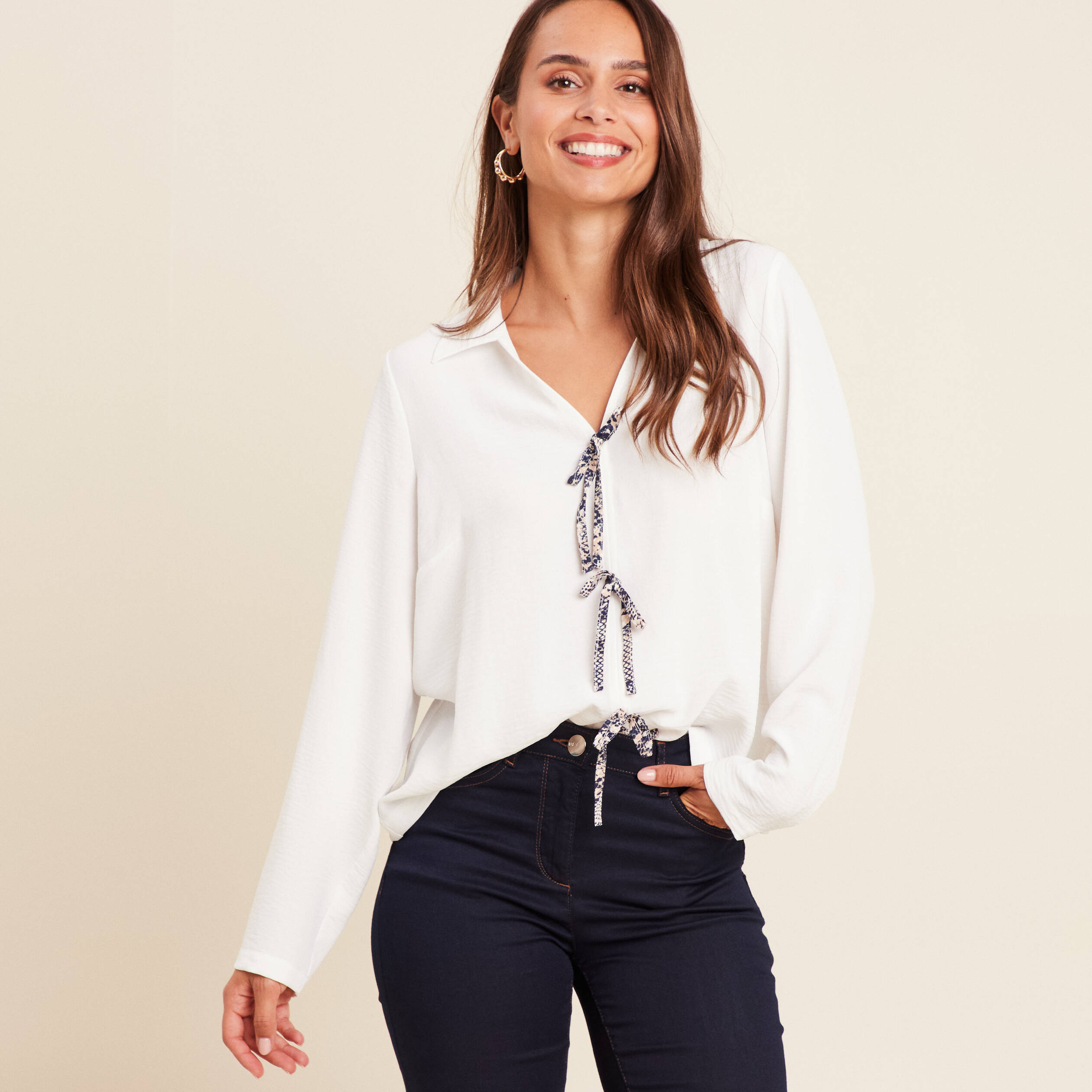 Blouse ample courte col chemise ecru femme Bréal