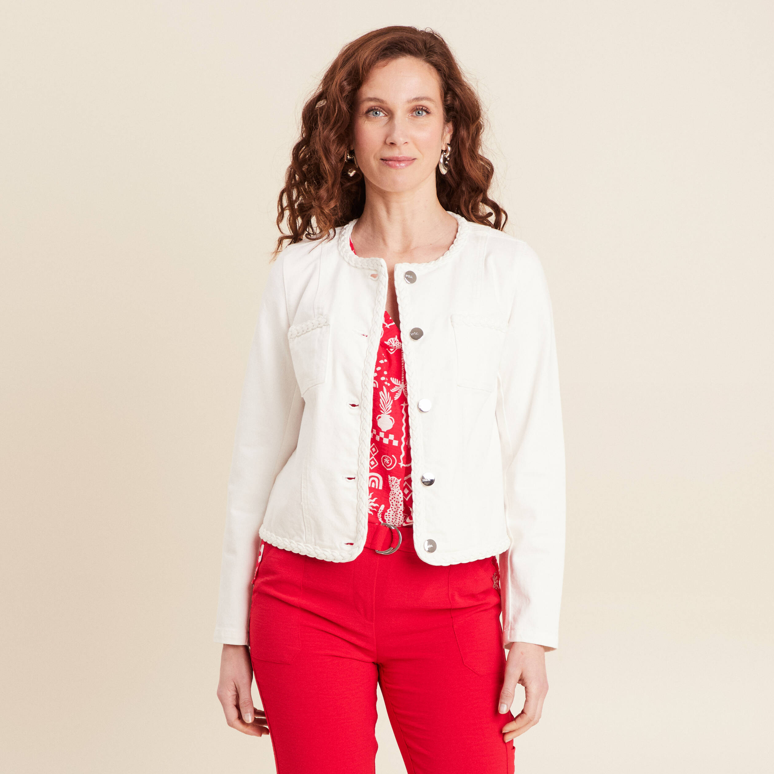Veste en jean détails tressés blanc femme