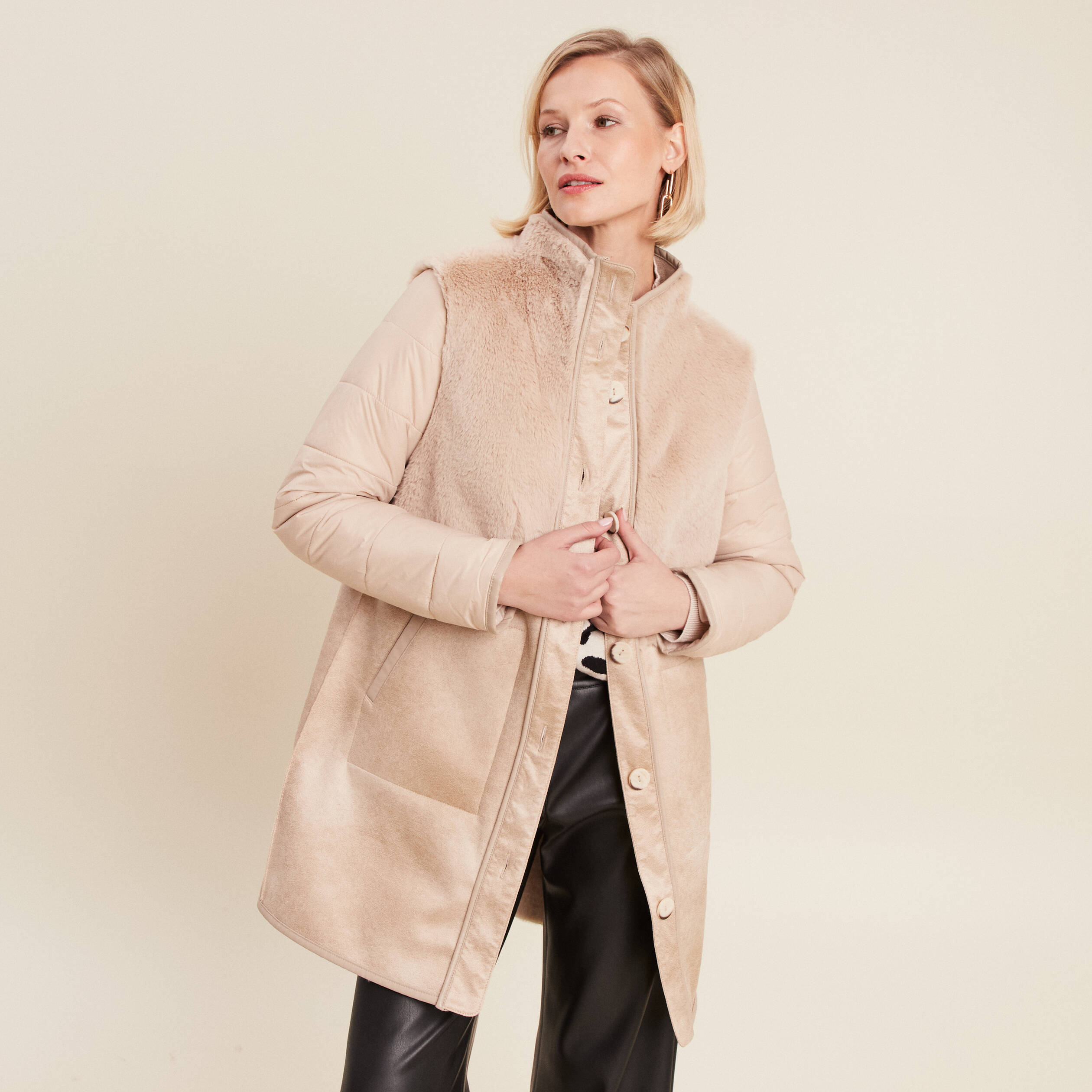 Manteau long su&eacute;dine sable femme