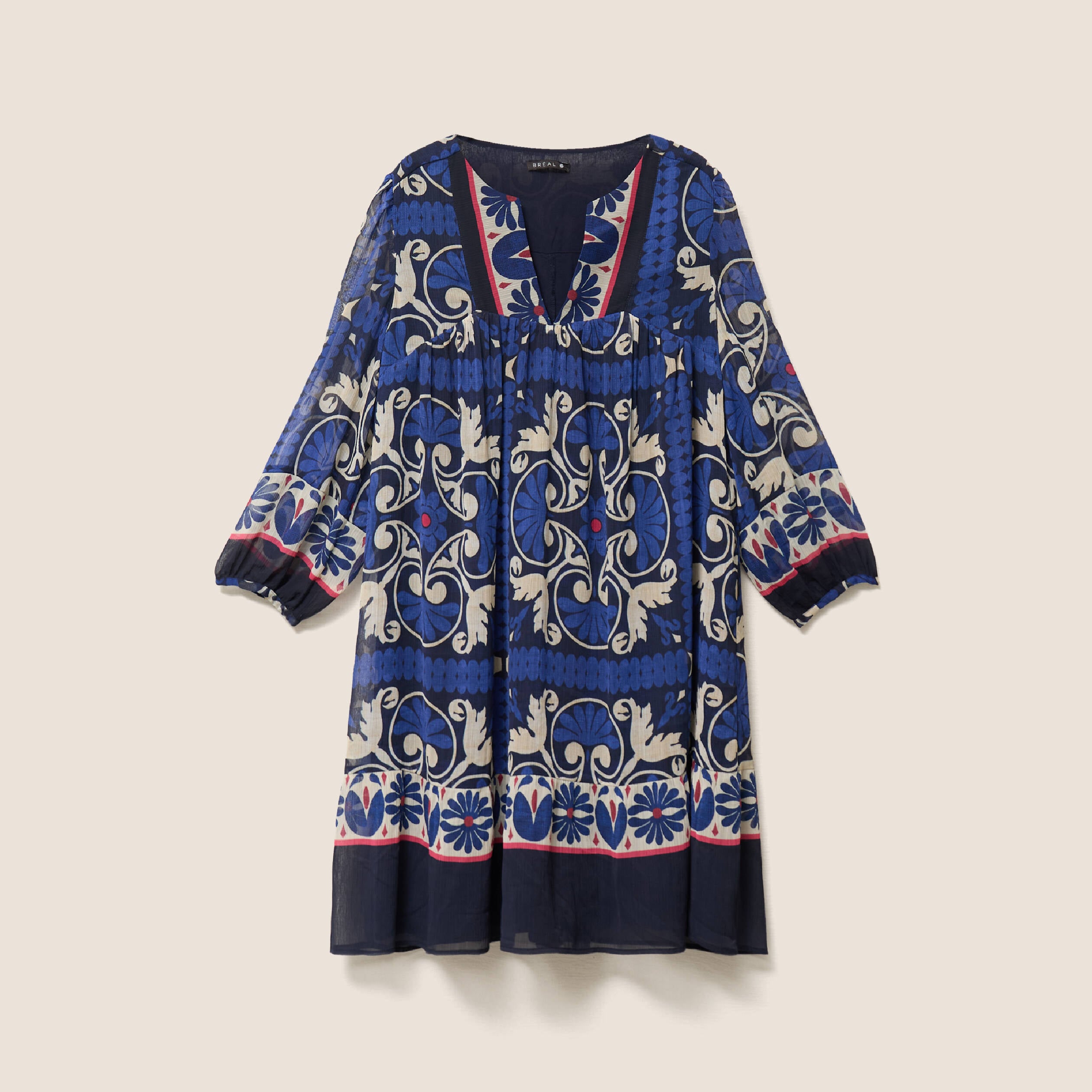 Robe courte &eacute;vas&eacute;e col tunisien bleu femme