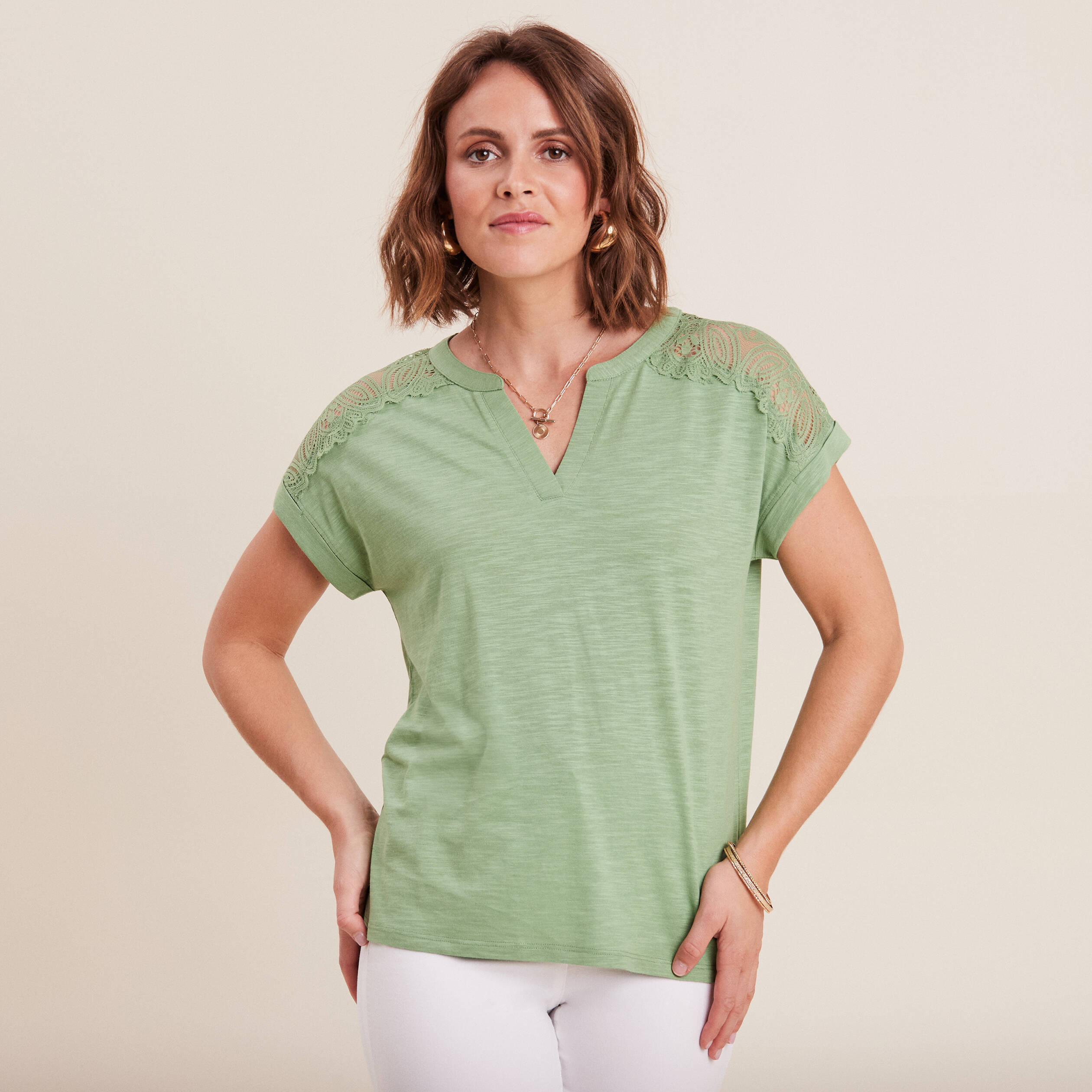 T-shirt manches courtes vert olive femme