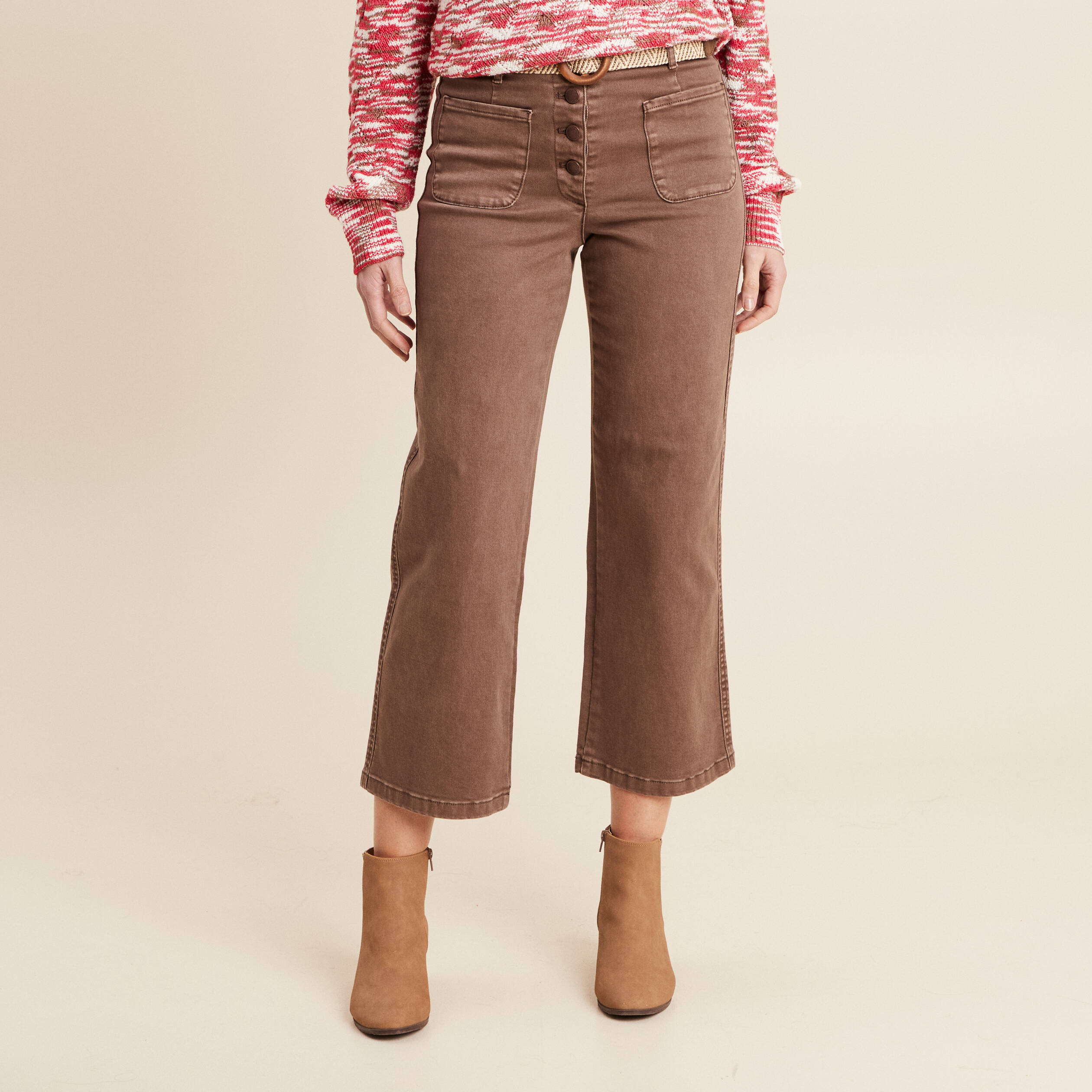 Pantalon large ceinturé 7/8ème bordeaux femme