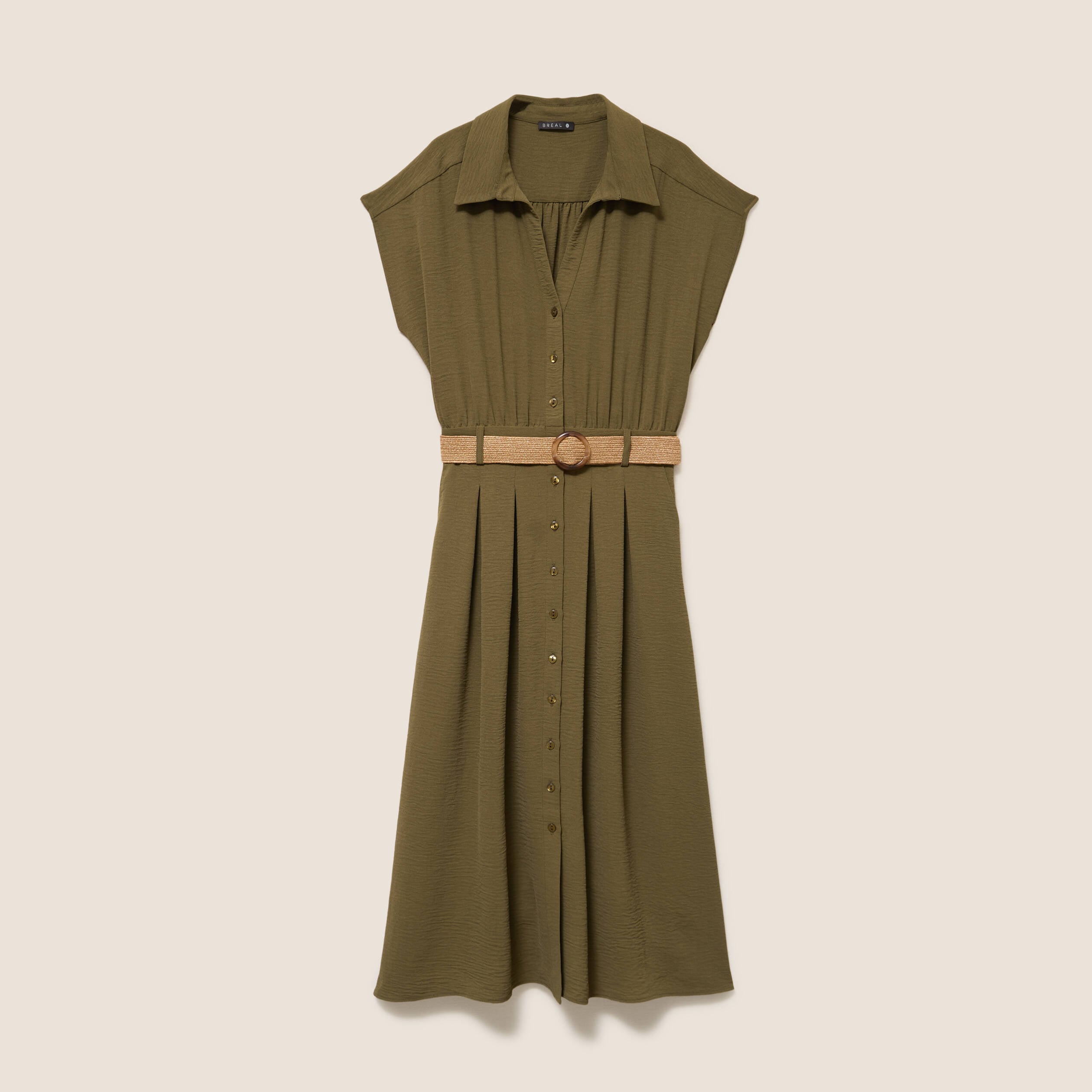 Robe patineuse 3/4 col chemise vert kaki femme