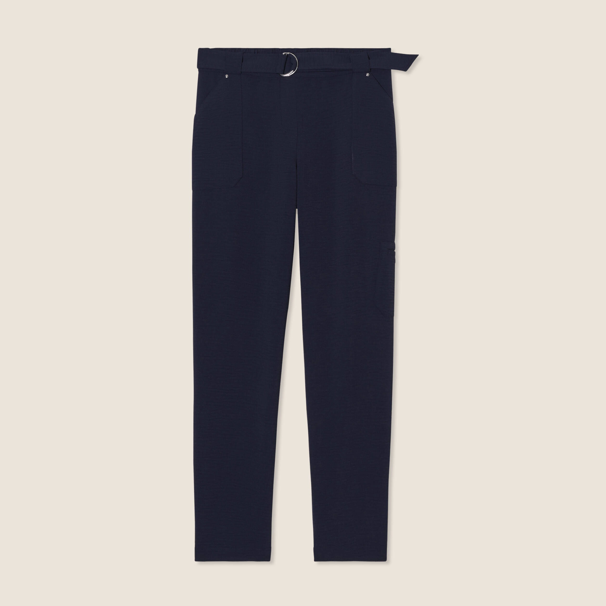 Pantalon flou ceintur&eacute; bleu fonc&eacute; femme