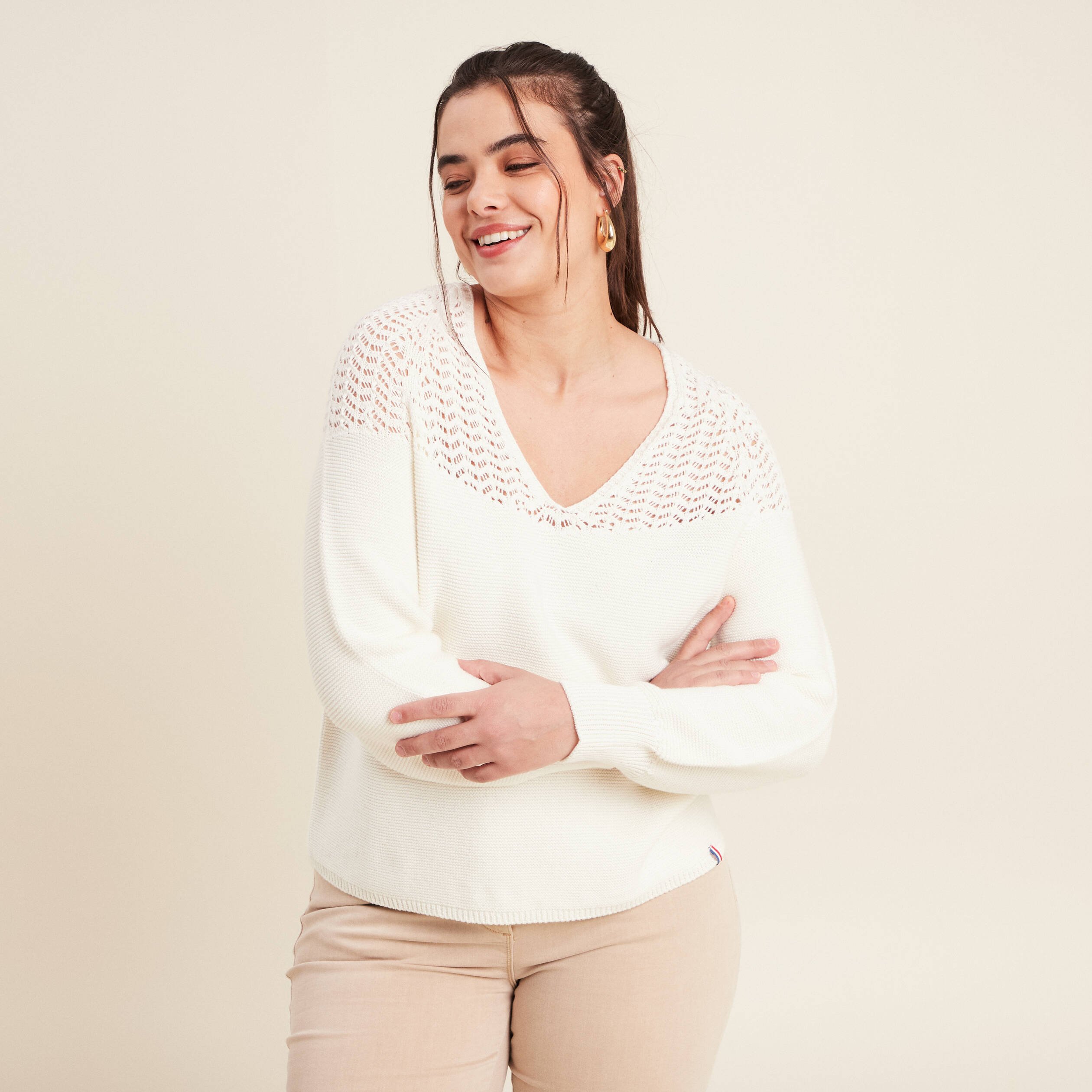 Pull confectionné en France ecru femme