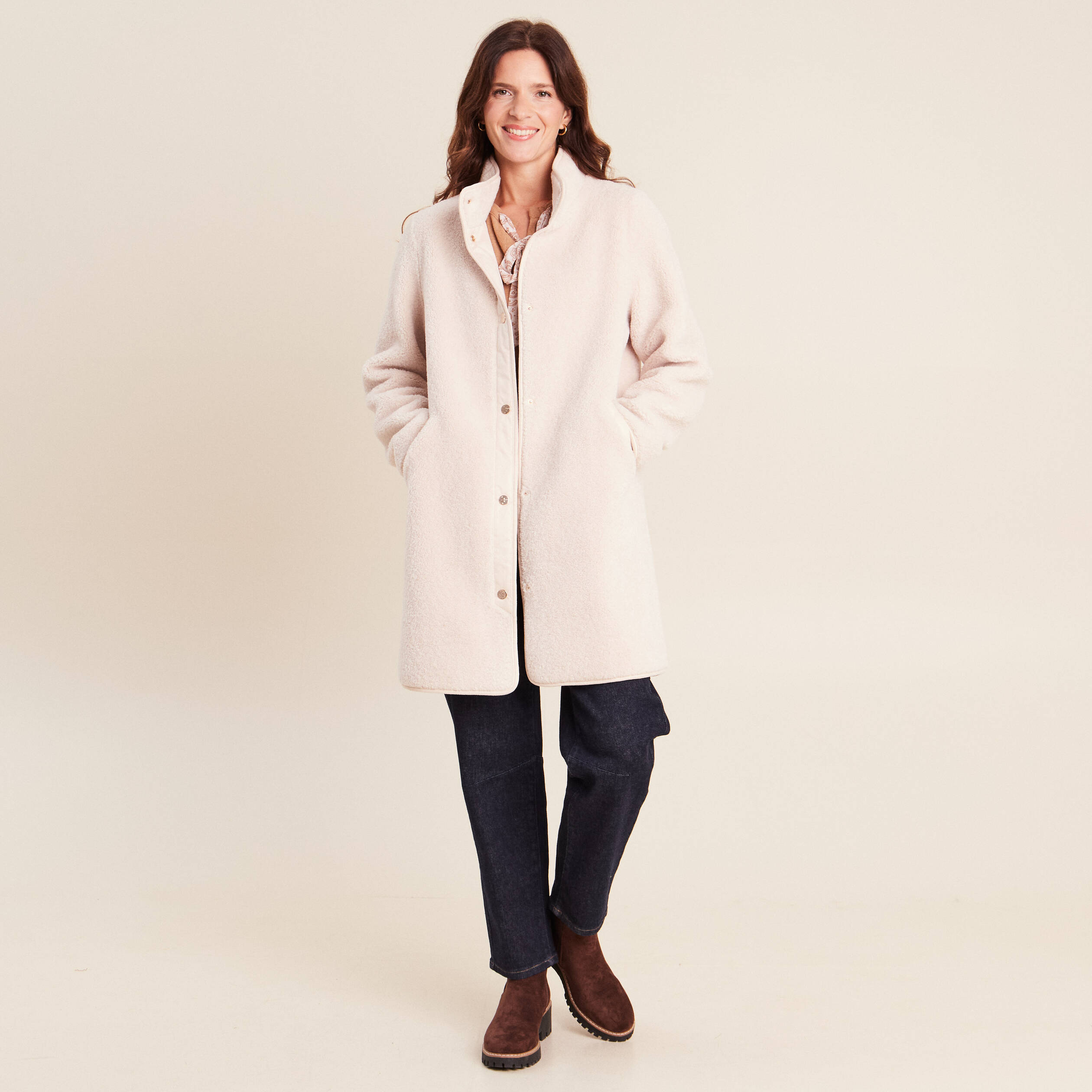 Manteau bouclette doubl&eacute; manches longues ivoire femme