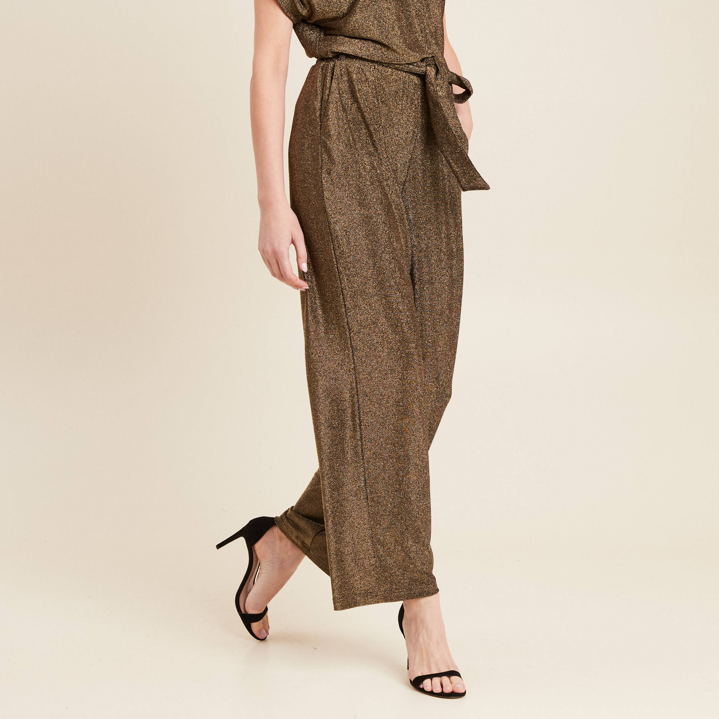 Pantalon large taille haute vert kaki femme