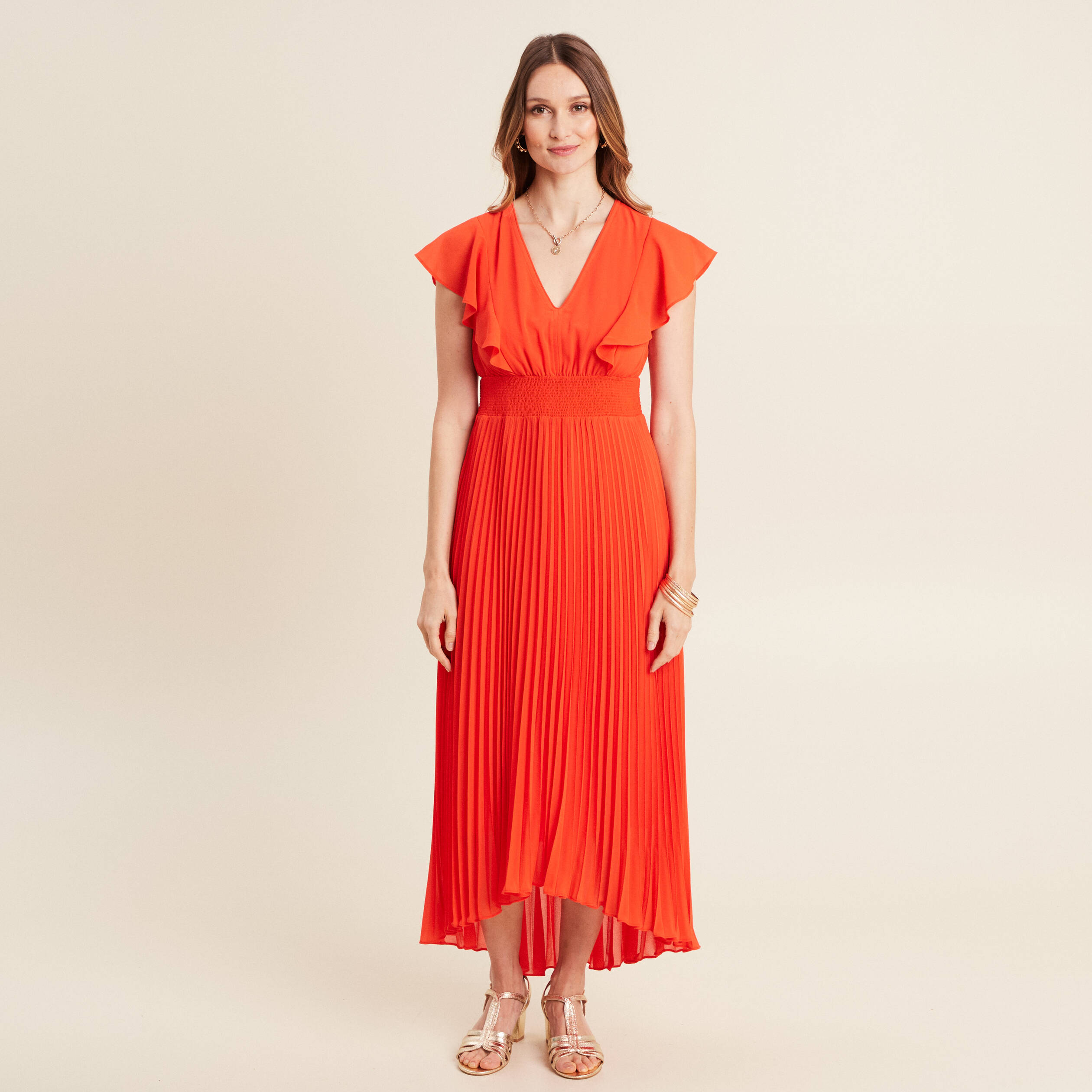 Robe longue évasée à volants orange foncé femme