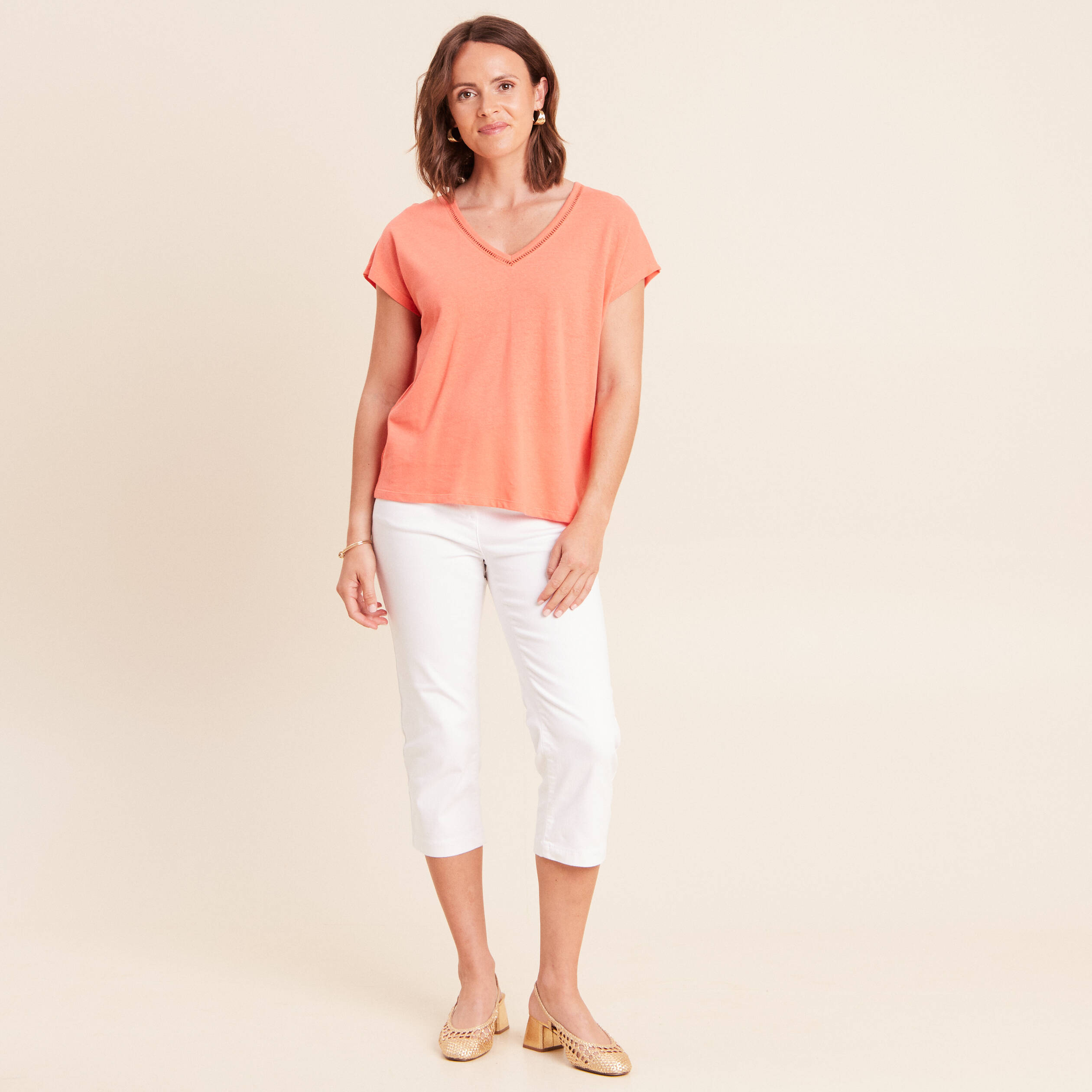 T-shirt col v manches courtes aspect lin orange fluo femme