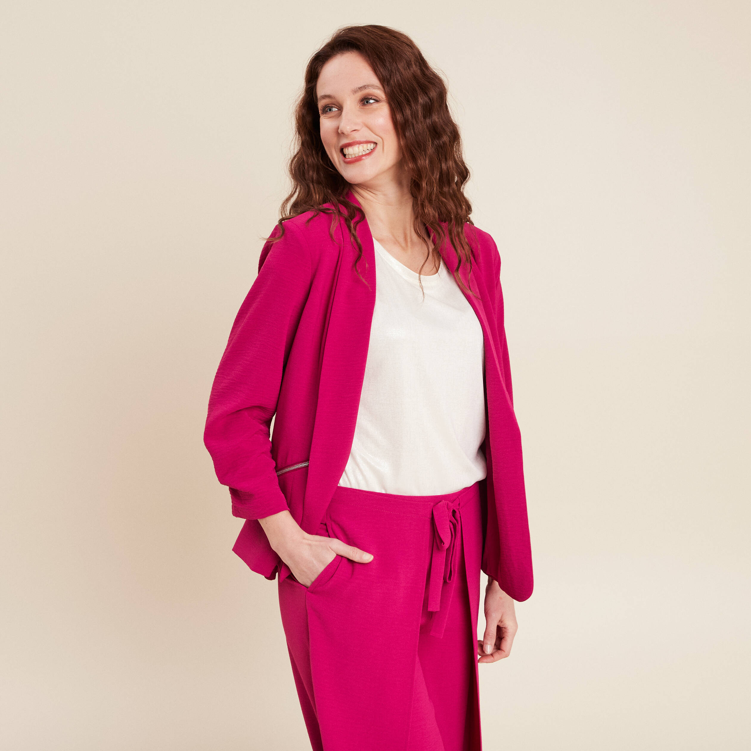Veste fluide col châle rose fushia femme