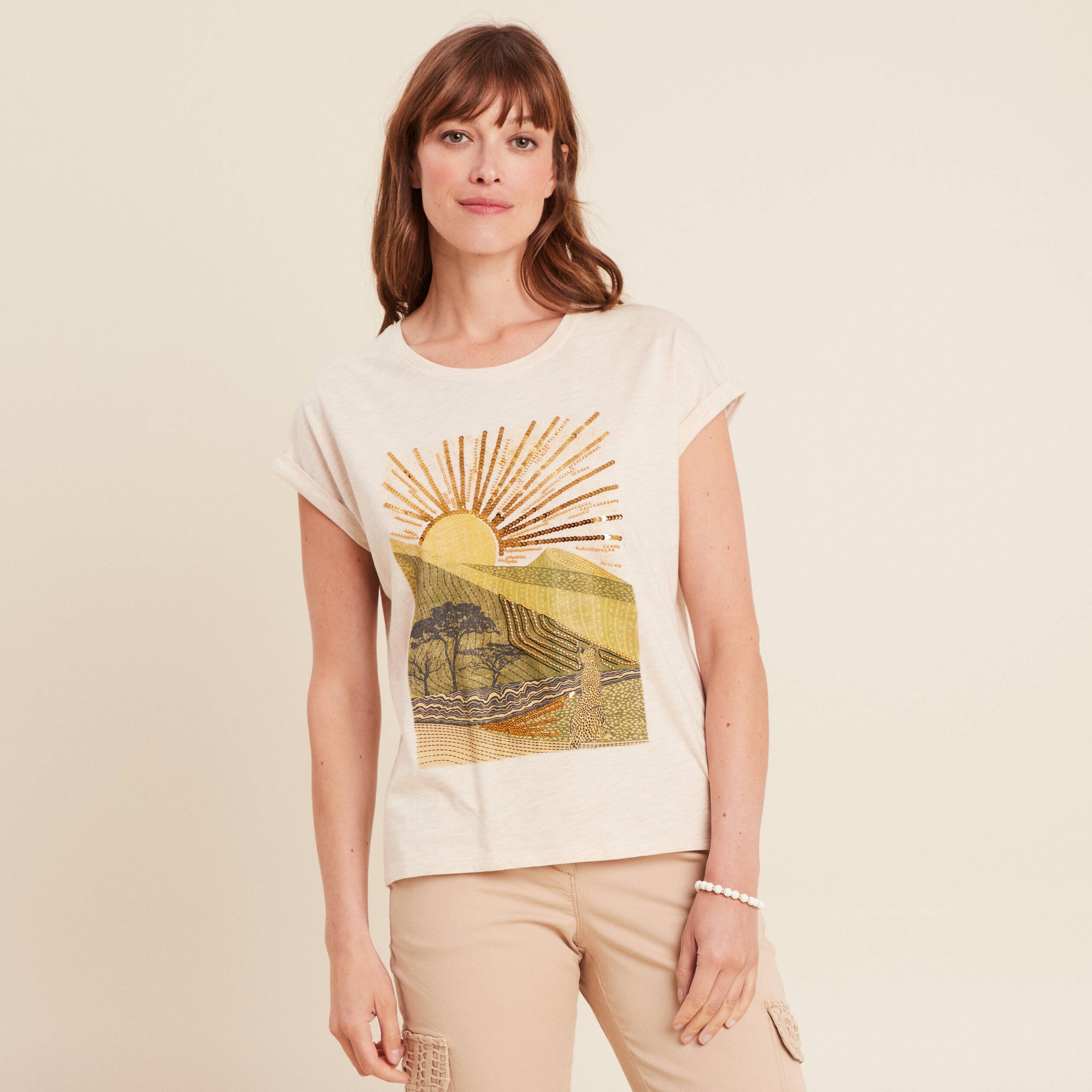 t shirt manches courtes perles sable femme T-shirt manches courtes perles sable femme