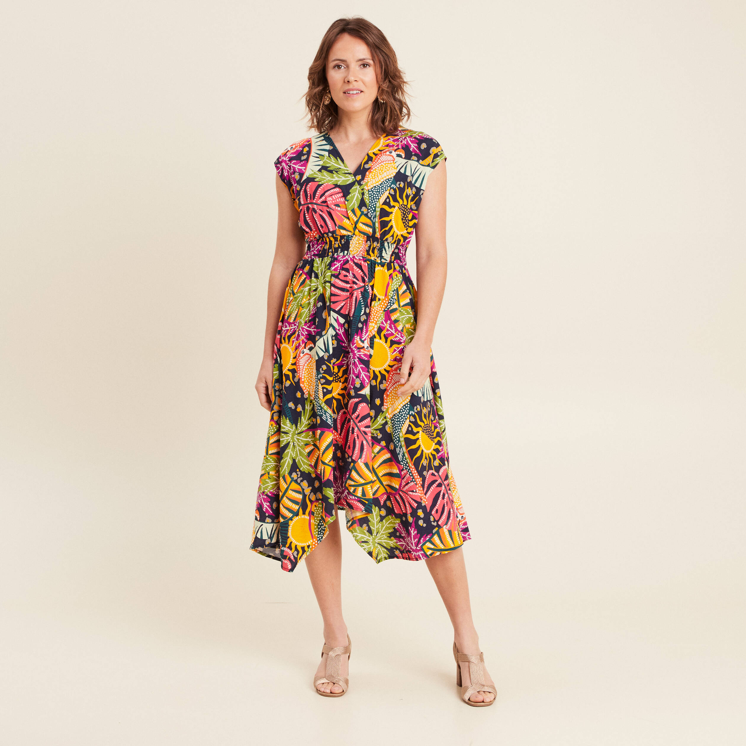 Robe longue évasée sans manches multicolore femme