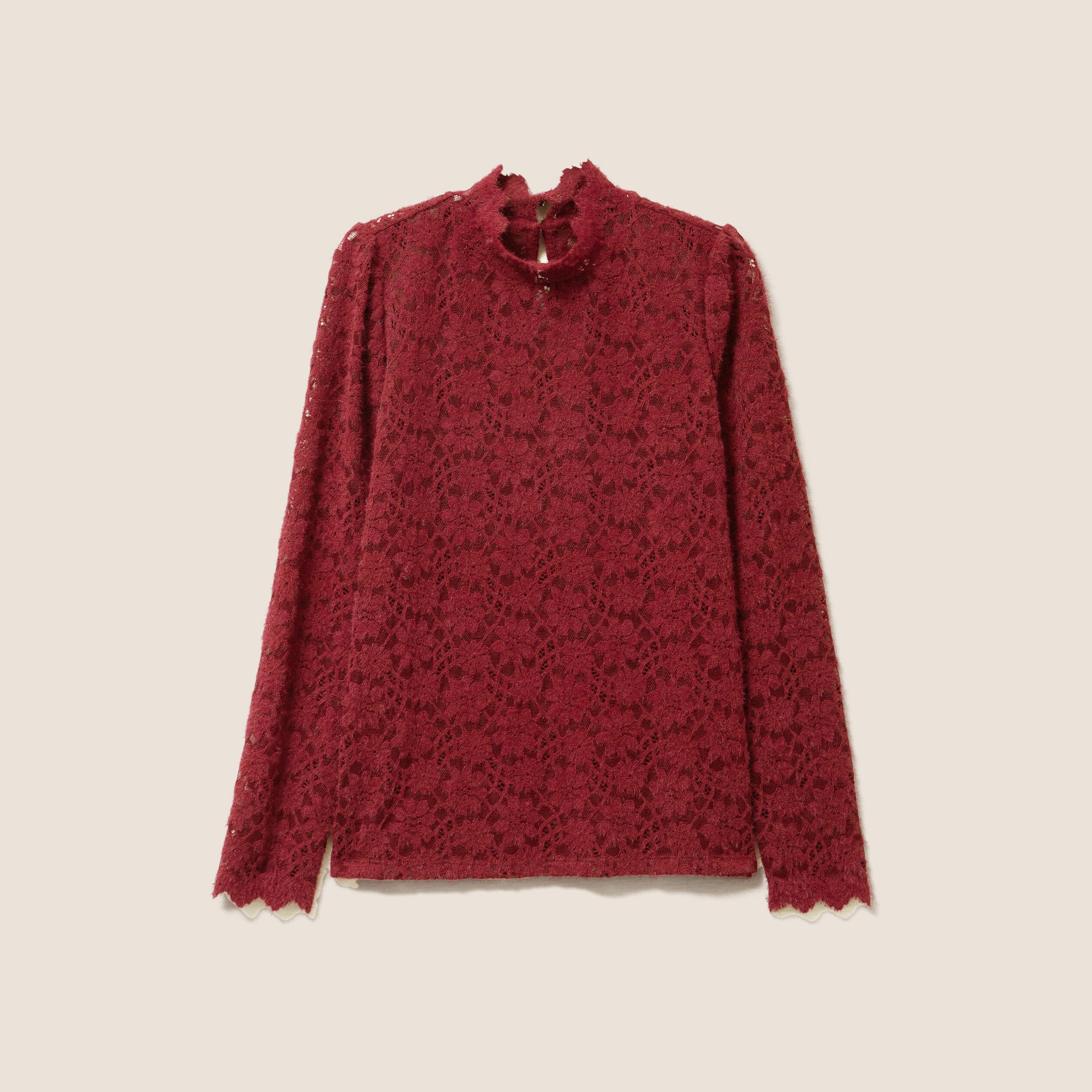 T-shirt cintr&eacute; col montant dentelle bordeaux femme