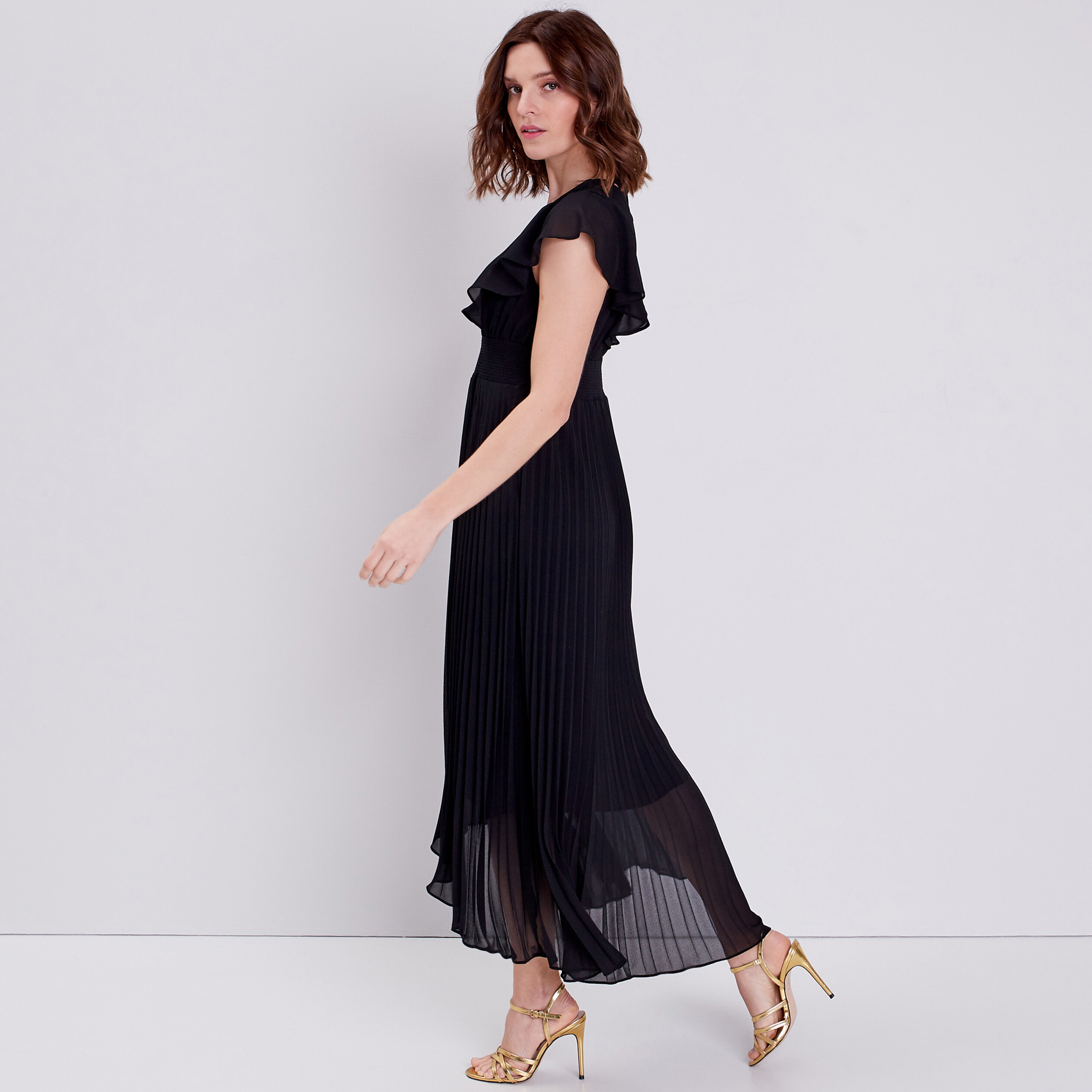 Robe longue évasée à volants noir femme