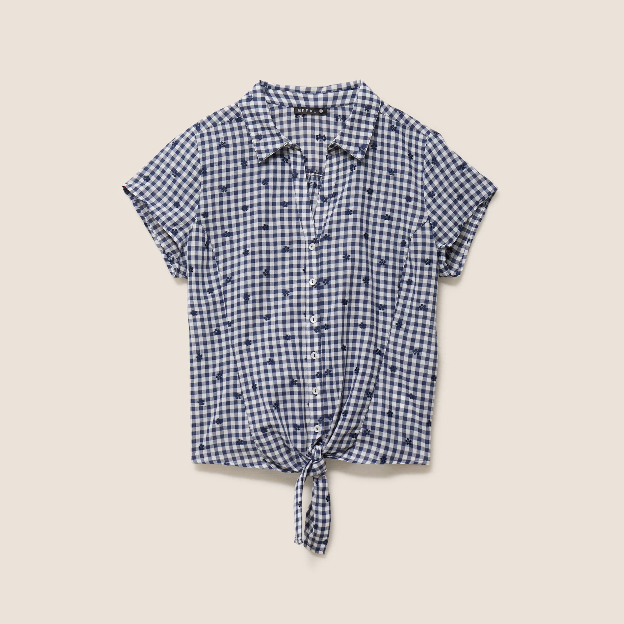 Chemise cintr&eacute;e col v manches courtes bleu femme
