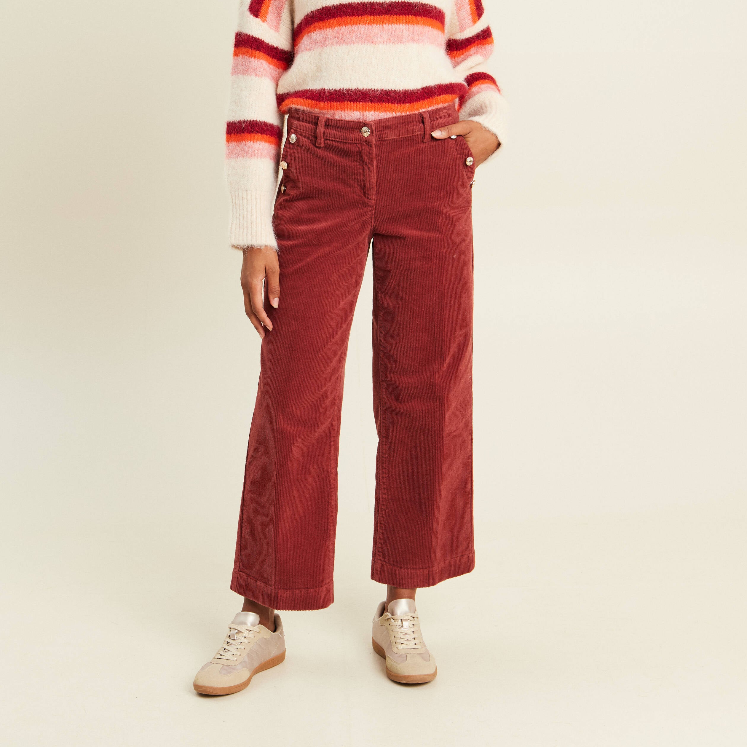Pantalon large velours c&ocirc;tel&eacute; orange fonc&eacute; femme