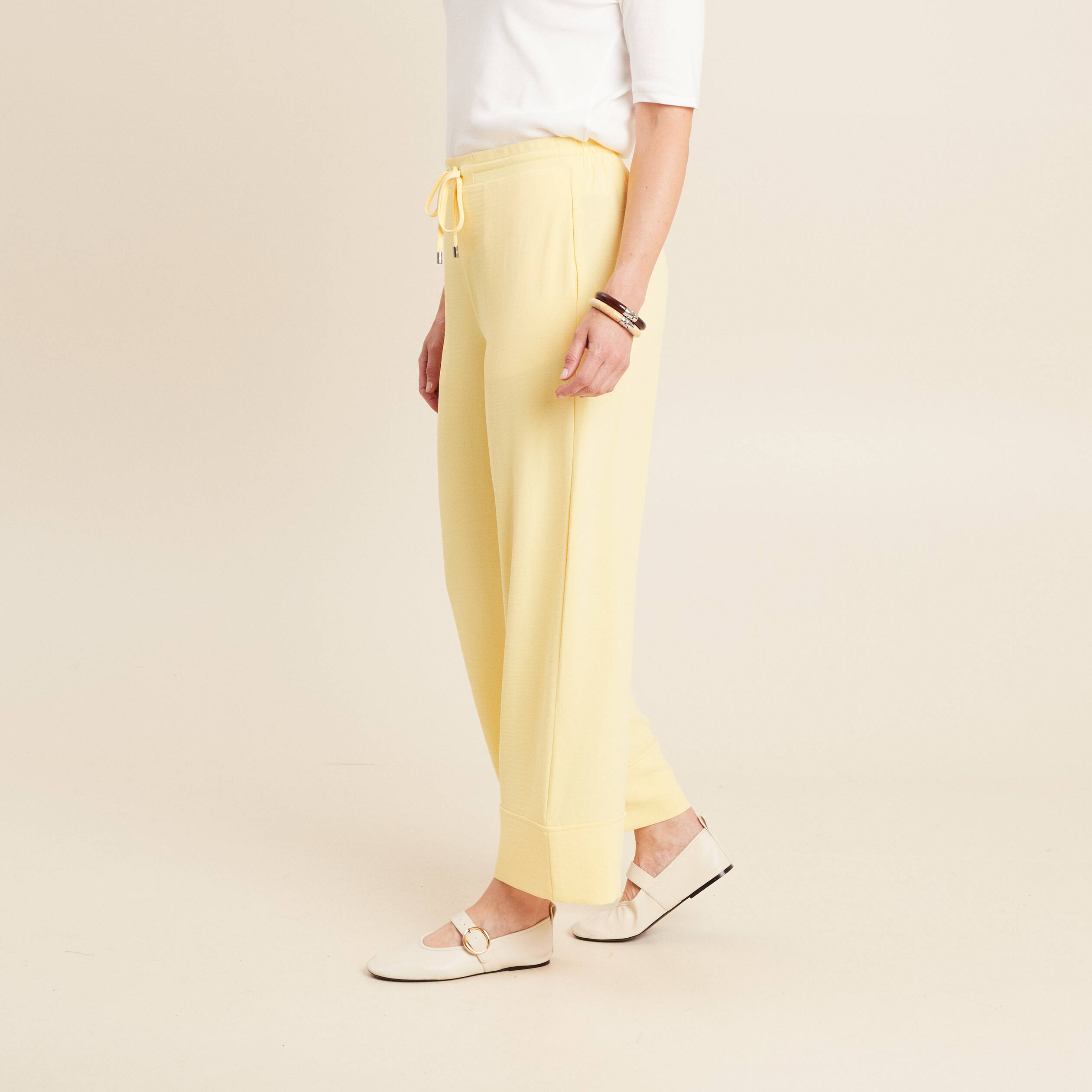 Pantalon large taille haute jaune pastel femme