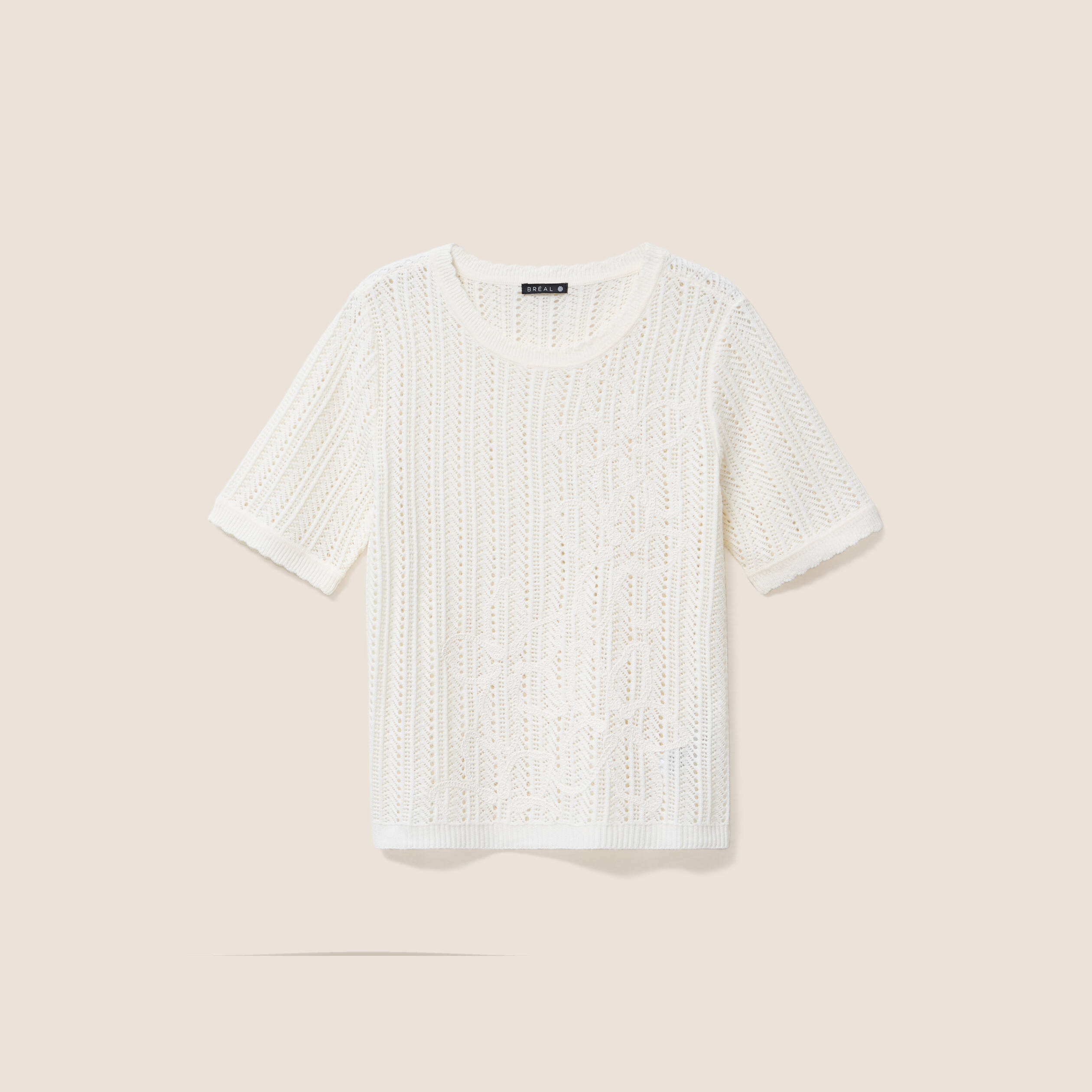 Pull ajour&eacute; col rond ecru femme
