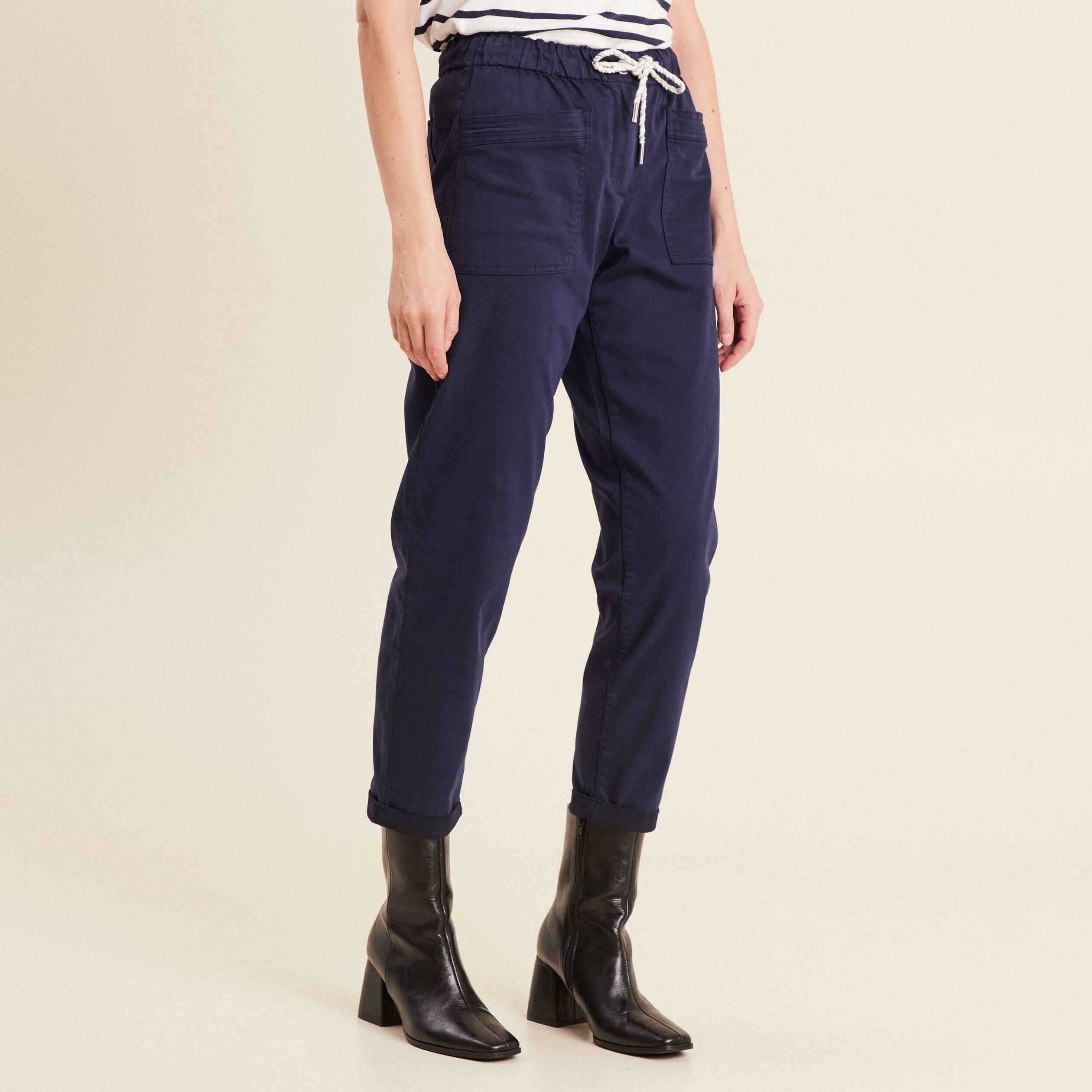 Pantalon coupe droite à coulisse bleu marine femme