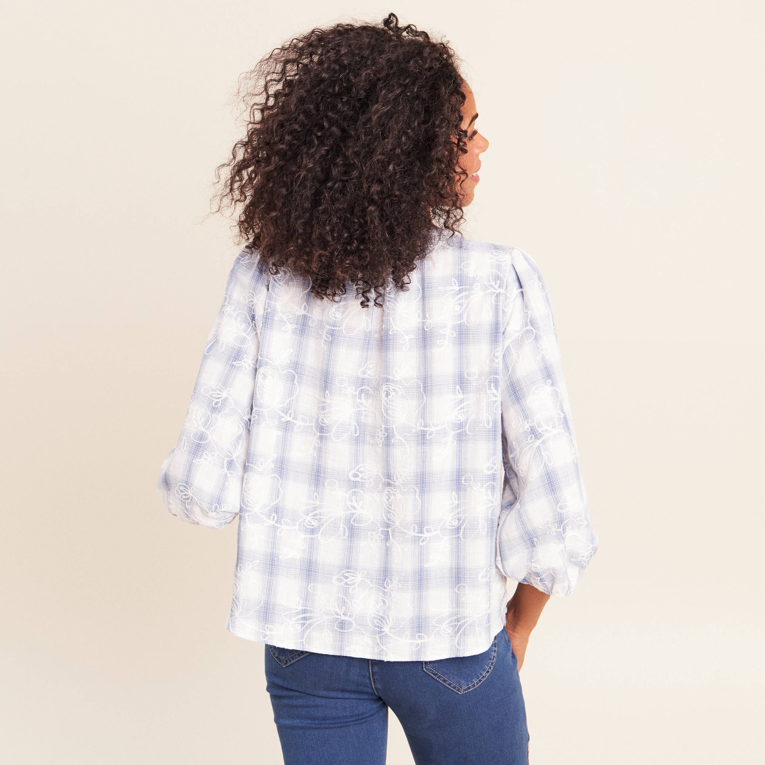 Blouse col tunisien manches 3/4 bleu femme