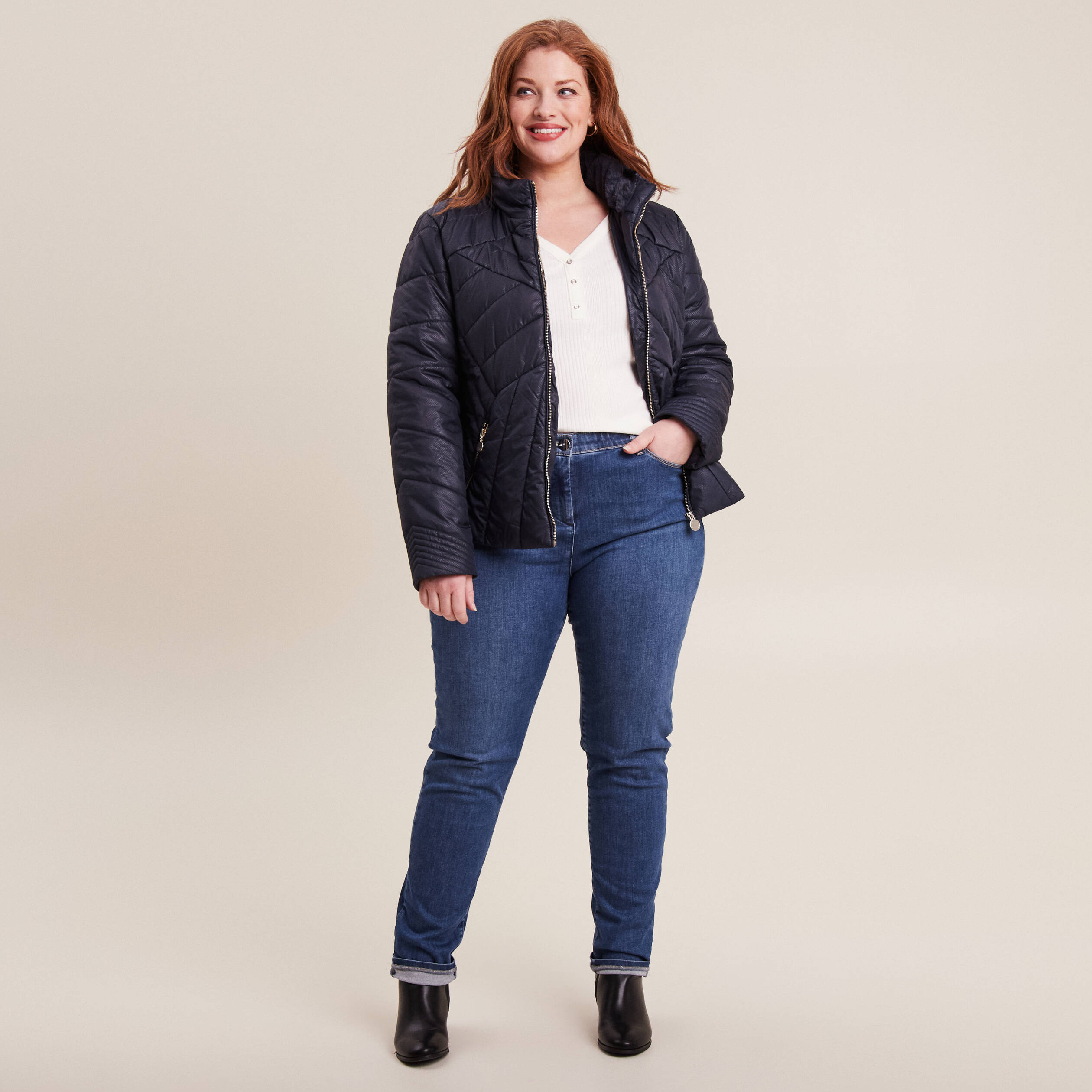 Doudoune déperlante droite zippée bleu foncé femme