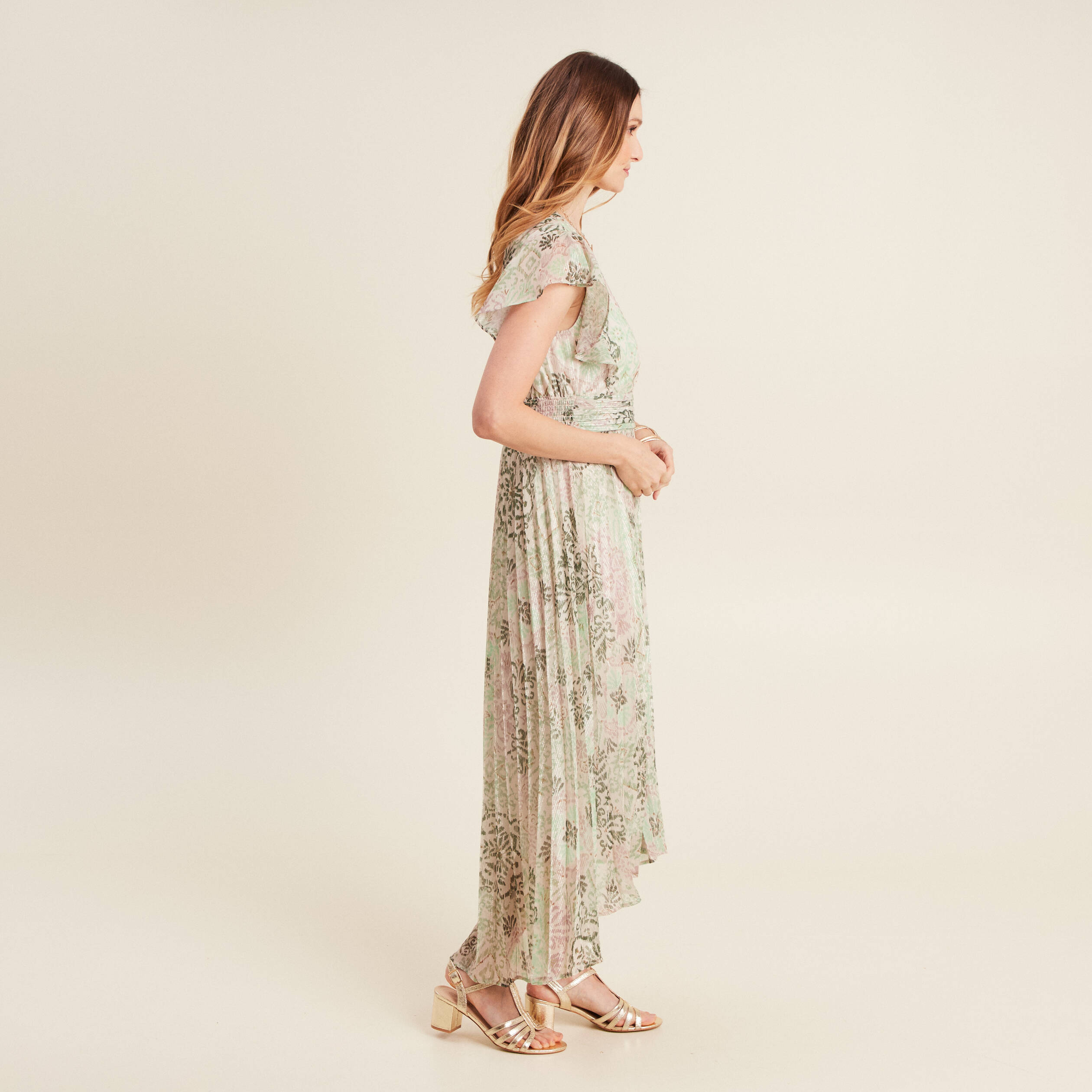 Robe longue évasée plissée vert clair femme