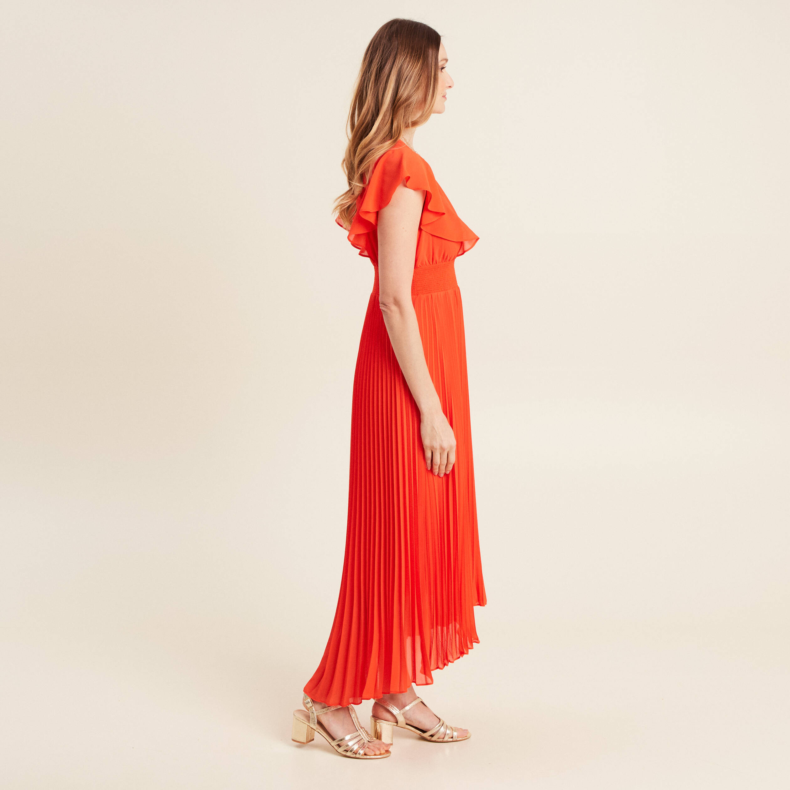 Robe longue évasée à volants orange foncé femme