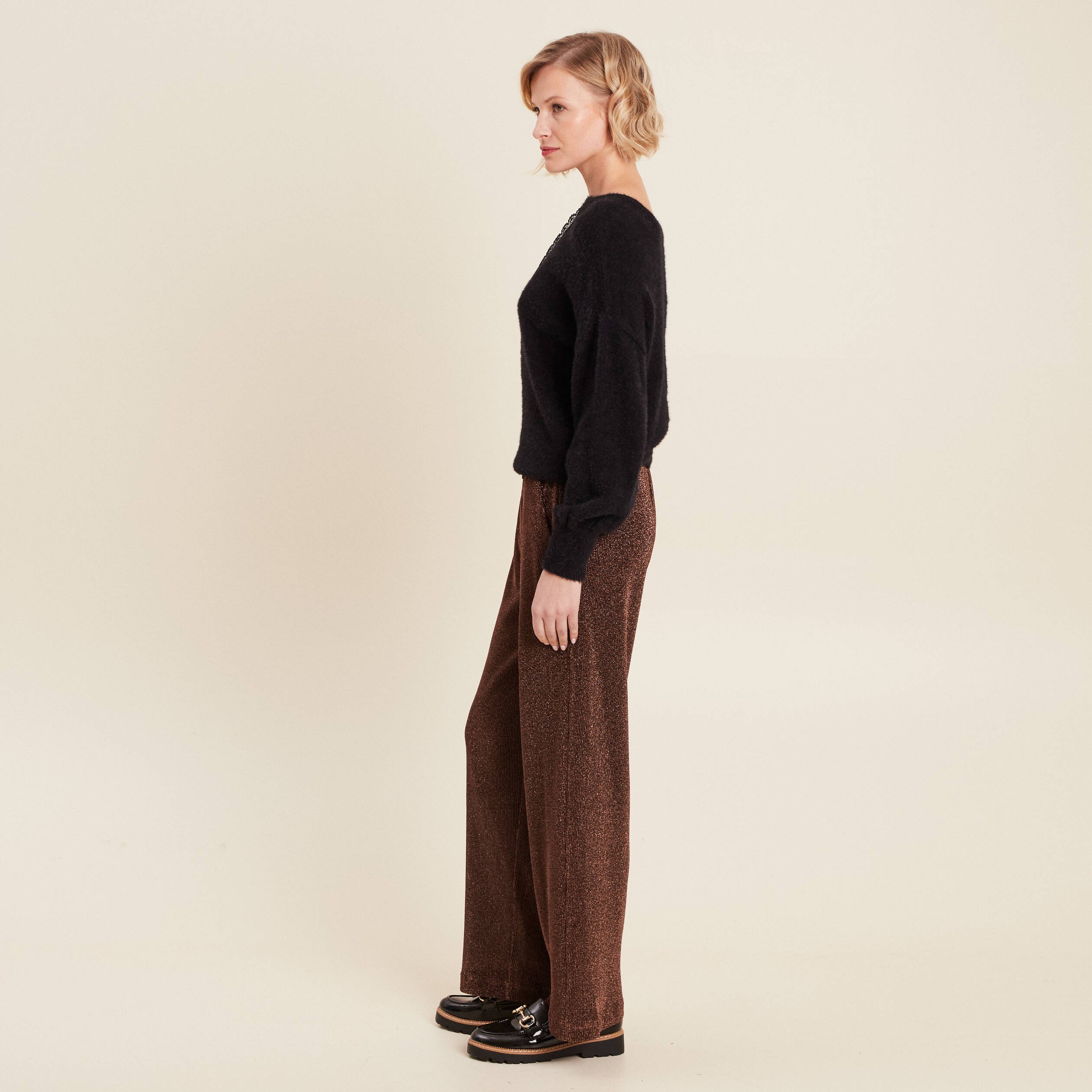 Pantalon flou effet tricoté couleur cuivre femme