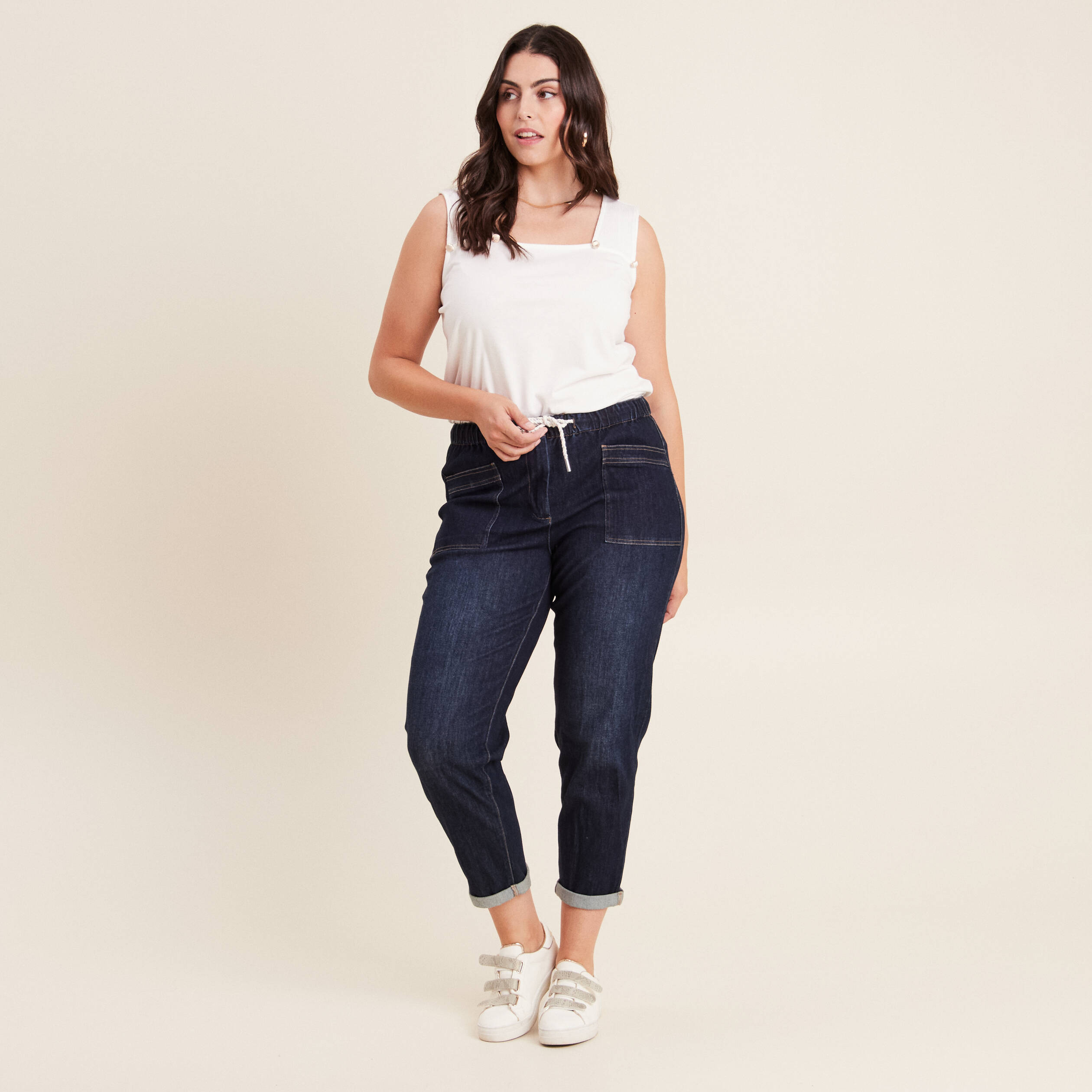 Jean large à coulisse denim brut femme