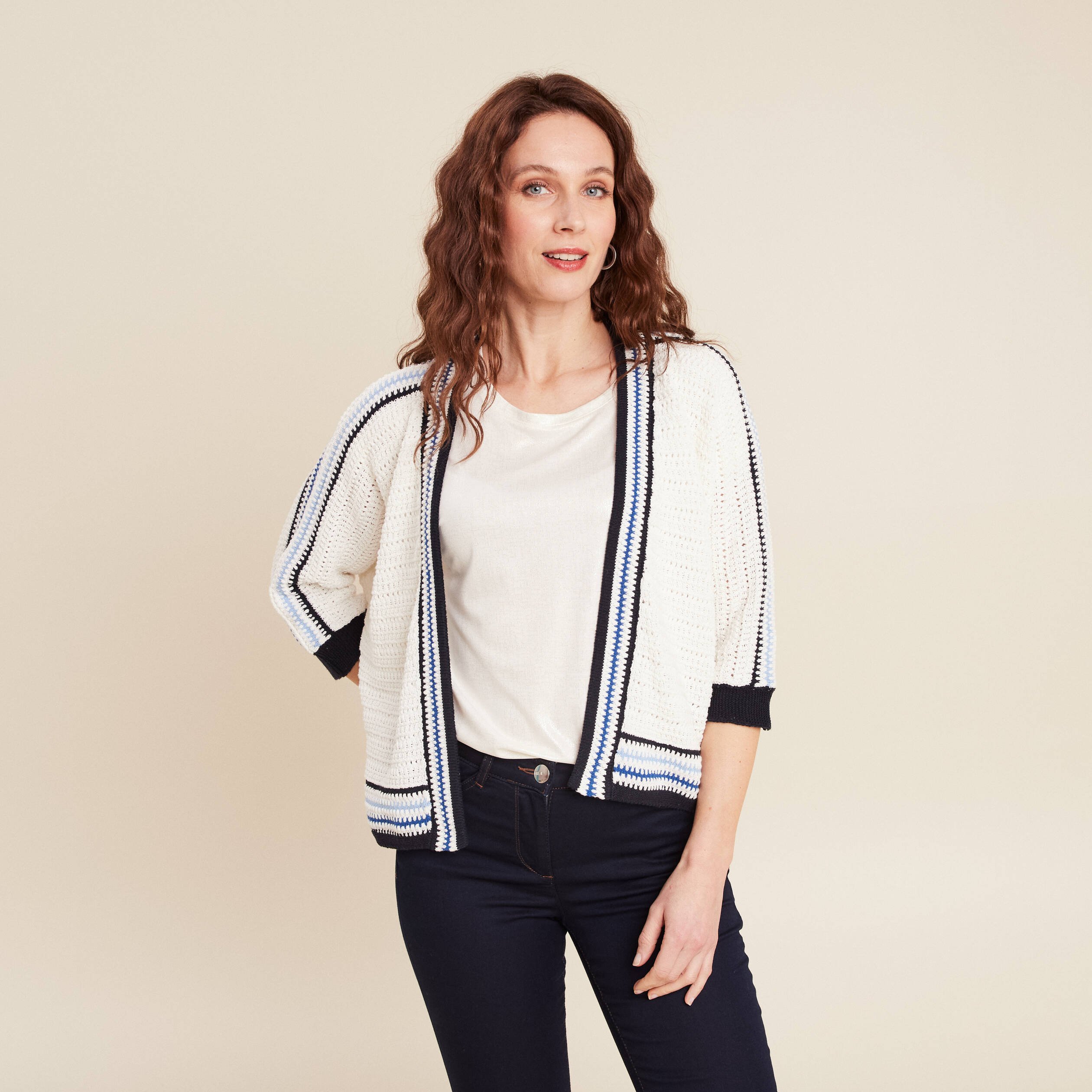 Gilet manches 3/4 ajouré ecru femme