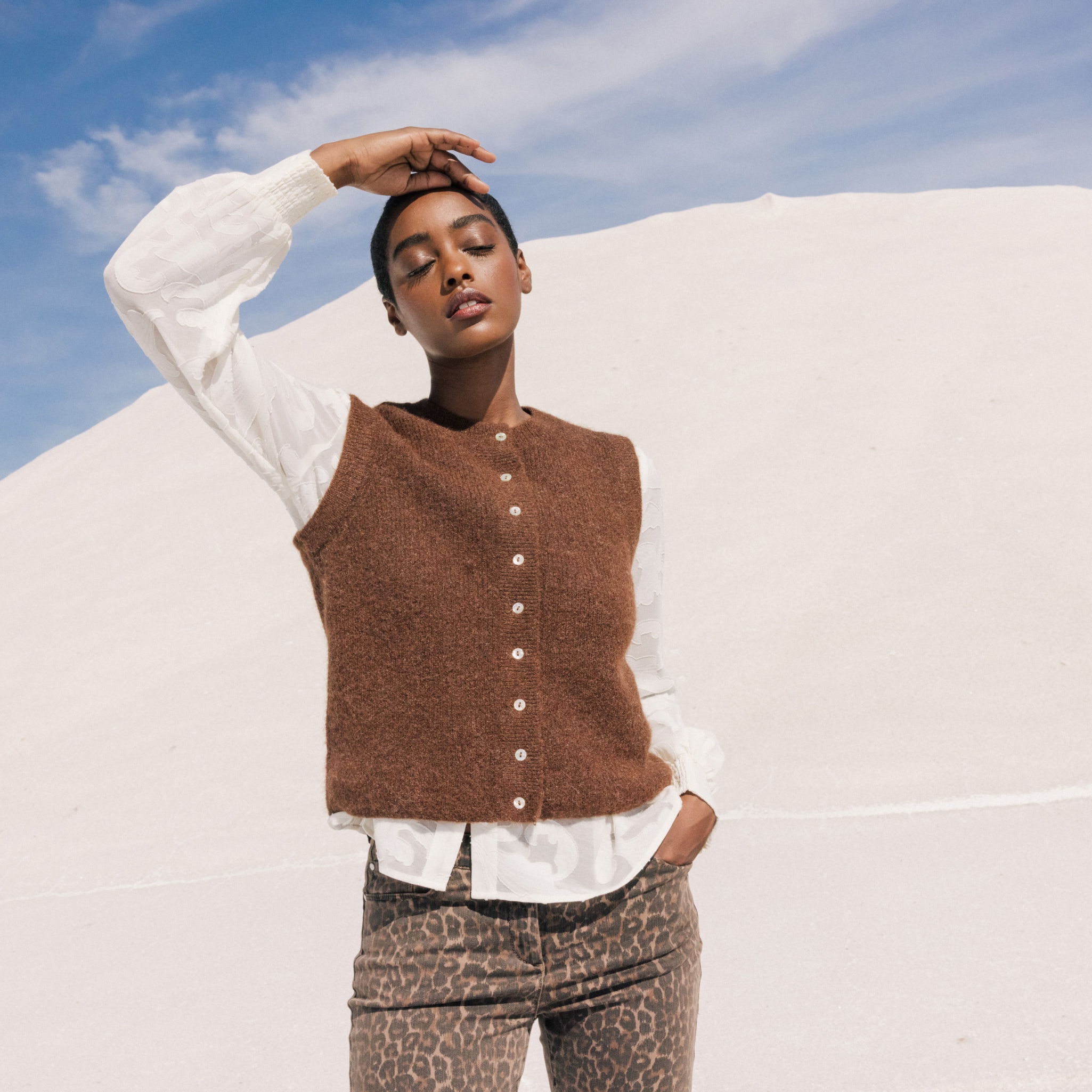 Gilet droit mi-long sans manches marron foncé femme Bréal