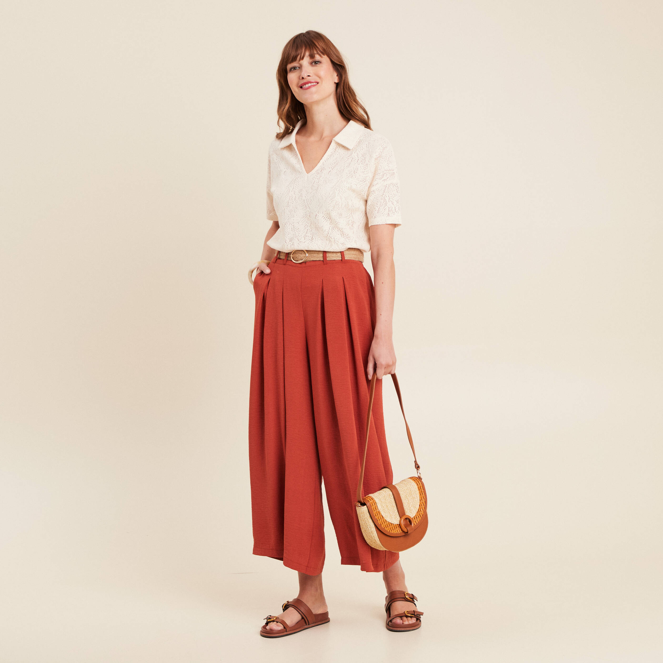 pantalon jupe culotte large vieux rose femme Pantalon jupe-culotte large vieux rose femme