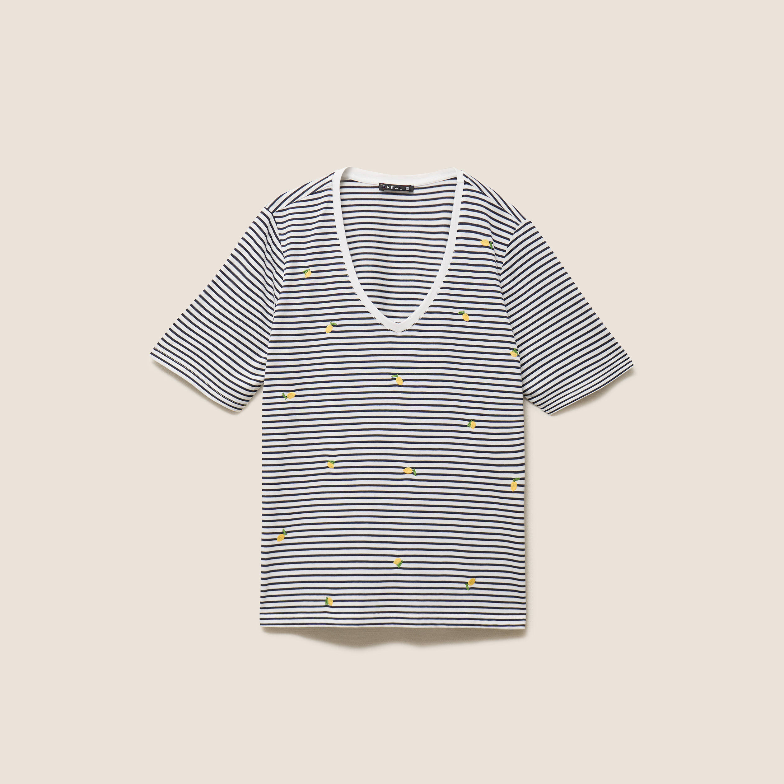 T-shirt droit broderie manches courtes bleu femme
