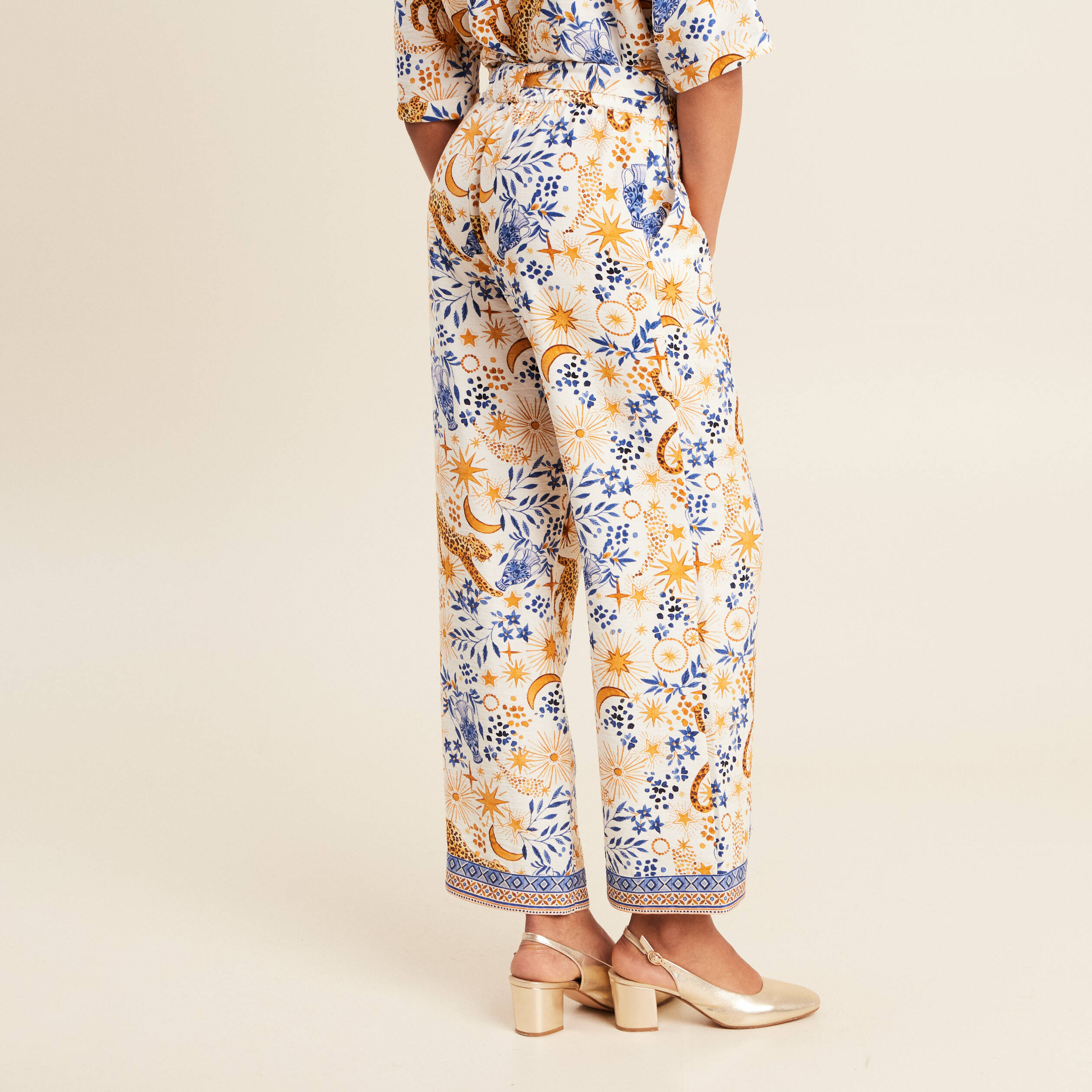 Pantalon fluide taille haute bleu femme
