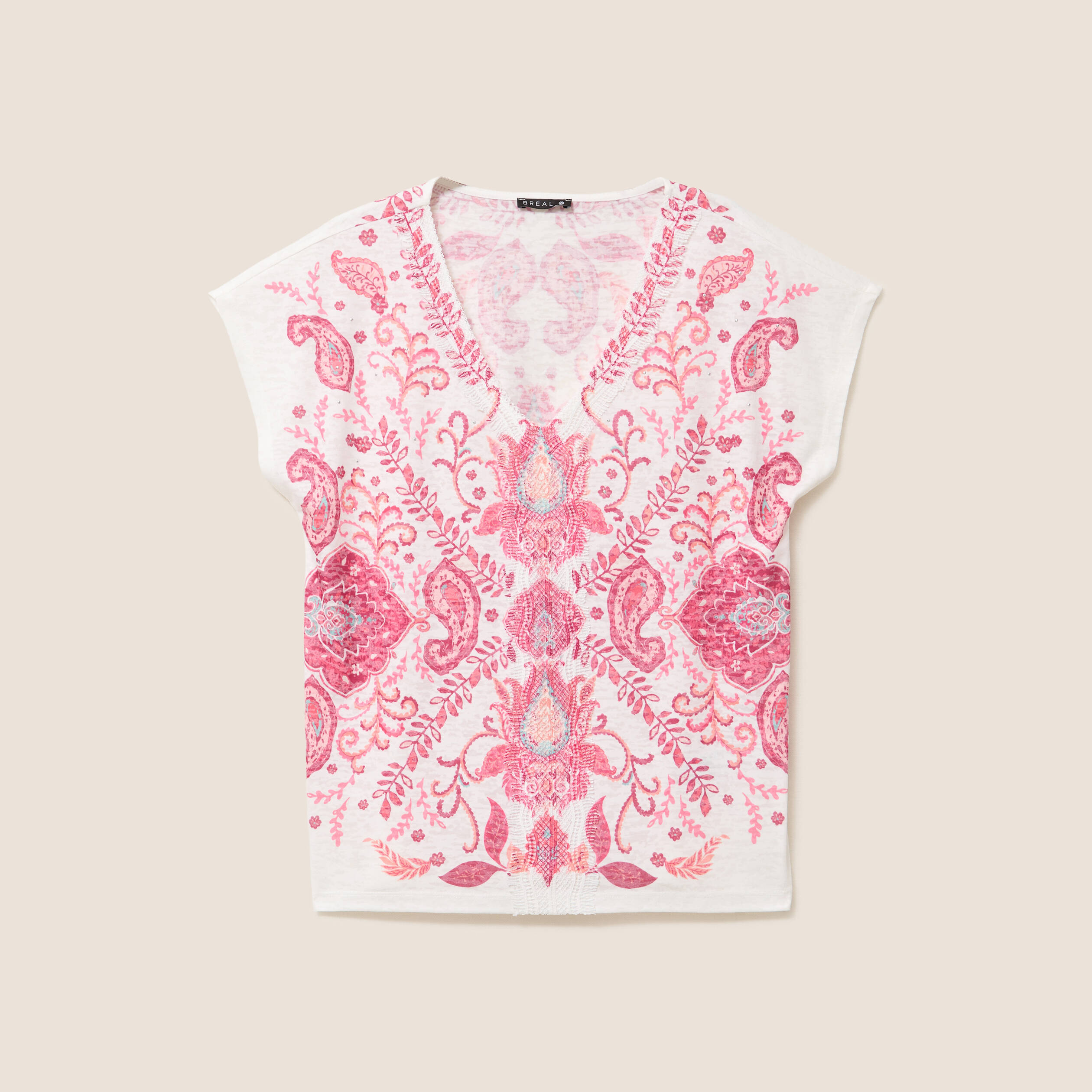 T-shirt macram&eacute; manches courtes ecru femme
