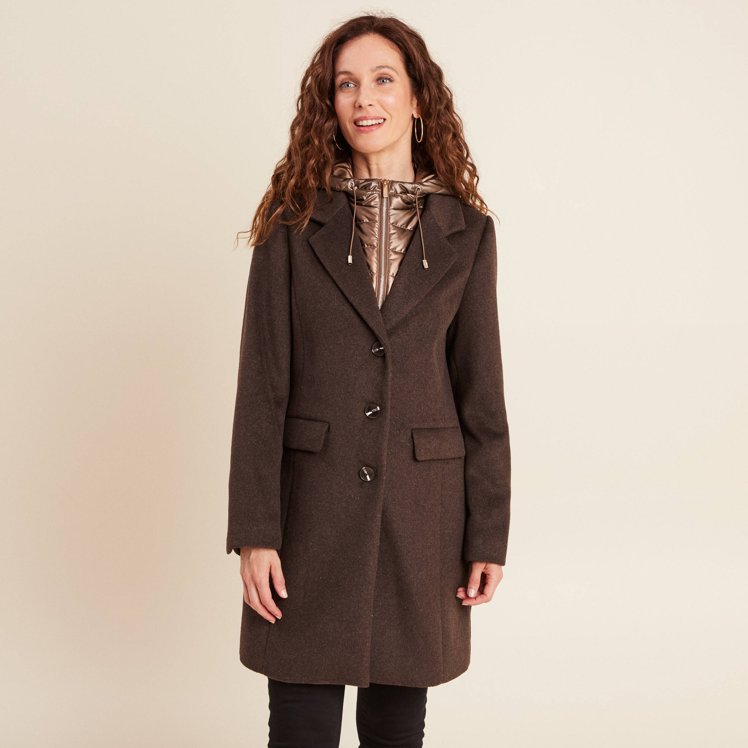 Manteau en droit à capuche marron foncé femme Bréal