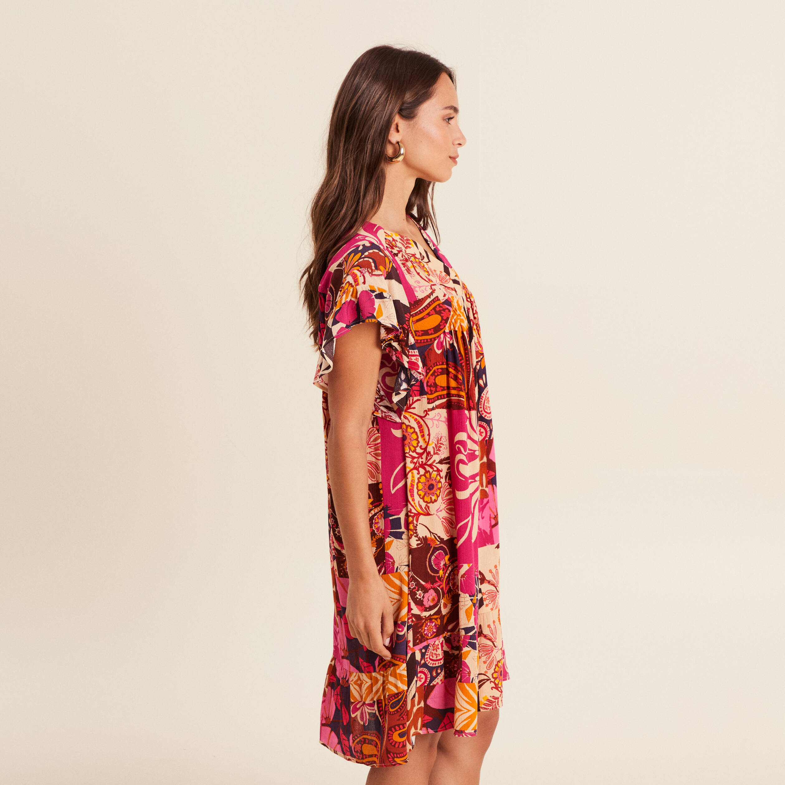 robe courte evasee col tunisien rose femme Robe courte évasée col tunisien rose femme